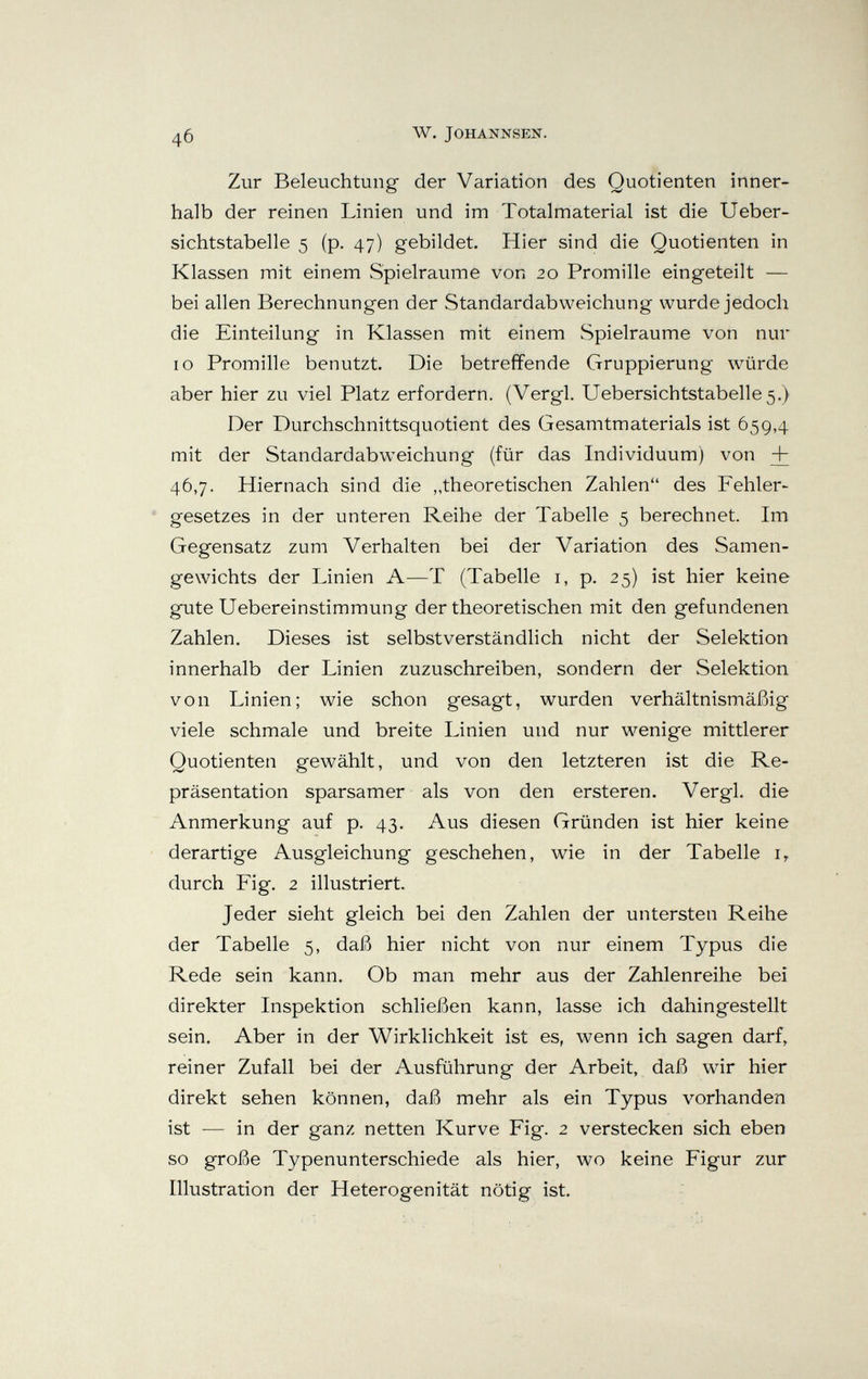 4б W. JOHANNSEN. Zur Beleuchtung der Variation des Quotienten inner¬ halb der reinen Linien und im Totalmaterial ist die Ueber- sichtstabelle 5 (p. 47) gebildet. Hier sind die Quotienten in Klassen mit einem Spielräume von 20 Promille eingeteilt — bei allen Berechnungen der Standardabweichung wurde jedoch die Einteilung in Klassen mit einem Spielräume von nur 10 Promille benutzt. Die betreffende Gruppierung würde aber hier zu viel Platz erfordern. (Vergi. Uebersichtstabelles.) Der Durchschnittsquotient des Gesamtmaterials ist 659,4 mit der Standardabweichung (für das Individuum) von + 46,7. Hiernach sind die „theoretischen Zahlen des Fehler¬ gesetzes in der unteren Reihe der Tabelle 5 berechnet. Im Gegensatz zum Verhalten bei der Variation des Samen¬ gewichts der Linien —T (Tabelle i, p. 25) ist hier keine gute Uebereinstimmung der theoretischen mit den gefundenen Zahlen. Dieses ist selbstverständlich nicht der Selektion innerhalb der Linien zuzuschreiben, sondern der Selektion von Linien; wie schon gesagt, wurden verhältnismäßig viele schmale und breite Linien und nur wenige mittlerer Quotienten gewählt, und von den letzteren ist die Re¬ präsentation sparsamer als von den ersteren. Vergi, die Anmerkung auf p. 43. Aus diesen Gründen ist hier keine derartige Ausgleichung geschehen, wie in der Tabelle i, durch Fig. 2 illustriert. Jeder sieht gleich bei den Zahlen der untersten Reihe der Tabelle 5, daß hier nicht von nur einem Typus die Rede sein kann. Ob man mehr aus der Zahlenreihe bei direkter Inspektion schließen kann, lasse ich dahingestellt sein. Aber in der Wirklichkeit ist es, wenn ich sagen darf, reiner Zufall bei der Ausführung der Arbeit, daß wir hier direkt sehen können, daß mehr als ein Typus vorhanden ist ■— in der ganz netten Kurve Fig. 2 verstecken sich eben so große Typenunterschiede als hier, wo keine Figur zur Illustration der Heterogenität nötig ist.