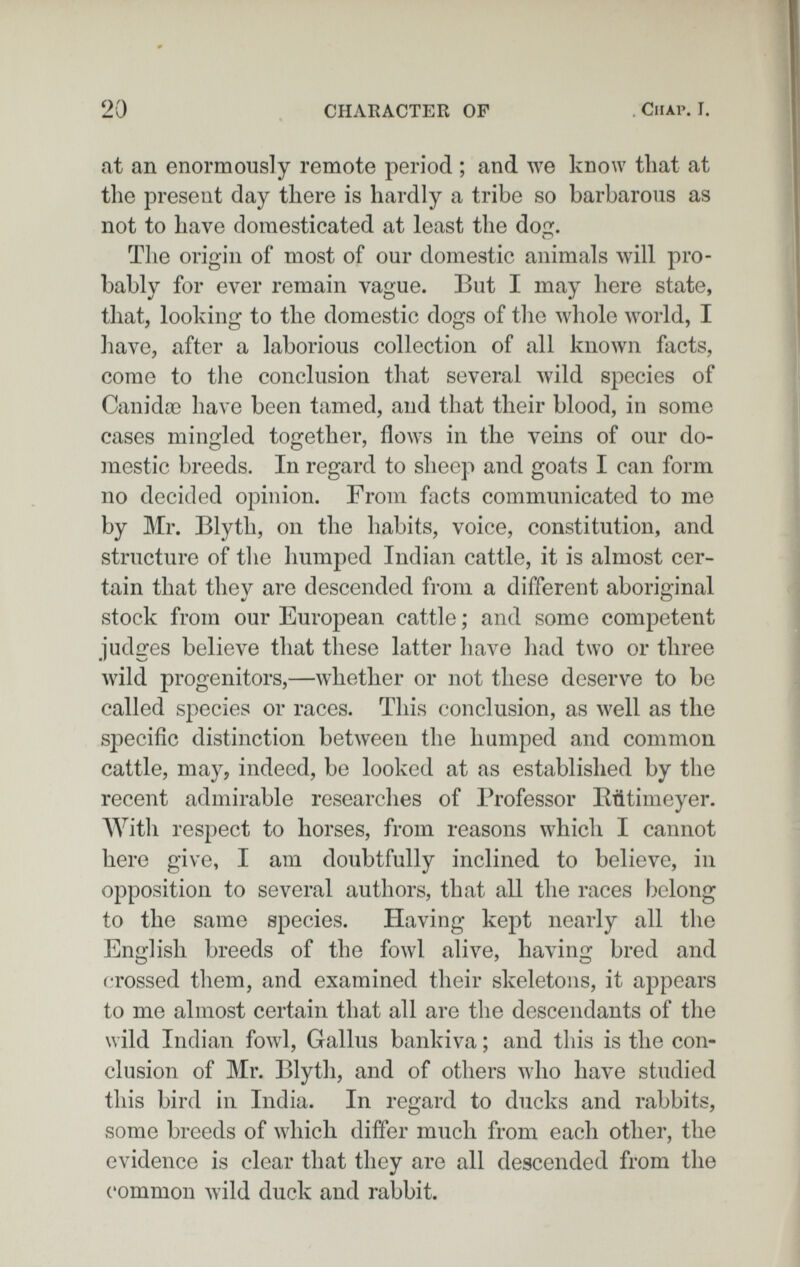 20 CHARACTER OF Chap. I. at an enormously remote period ; and we know that at the present day there is hardly a tribe so barbarous as not to have domesticated at least the doGf. The origin of most of our domestic animals will pro¬ bably for ел^ег remain vague. But I may here state, that, looking to the domestic dogs of the whole world, I have, after a laborious collection of all known facts, come to the conclusion that several wild species of Canidoß have been tamed, and that their blood, in some cases mingled together, flows in the veins of our do¬ mestic breeds. In regard to sheep and goats I can form no decided opinion. From facts communicated to me by Mr. Blyth, on the habits, voice, constitution, and structure of the humped Indian cattle, it is almost cer¬ tain that thev are descended from a different aborií2:inal 4/ о stock from our European cattle ; and some competent judges believe that these latter have had two or three wild progenitors,—whether or not these deserve to be called species or races. This conclusion, as well as the specific distinction between the humped and common cattle, may, indeed, be looked at as established by the recent admirable researches of Professor Kñtimeyer. With respect to horses, from reasons which I cannot here give, I am doubtfully inclined to believe, in opposition to several authors, that all tlie races belong to the same species. Having kept nearly all the English breeds of the fowl alive, having bred and crossed them, and examined their skeletons, it appears to me almost certain that all are the descendants of the wild Indian fowl, Gallus bankiva ; and this is the con¬ clusion of Mr. Blyth, and of others who have studied this bird in India. In regard to ducks and rabbits, some breeds of which differ much from each other, the evidence is clear that they are all descended from the common wild duck and rabbit.