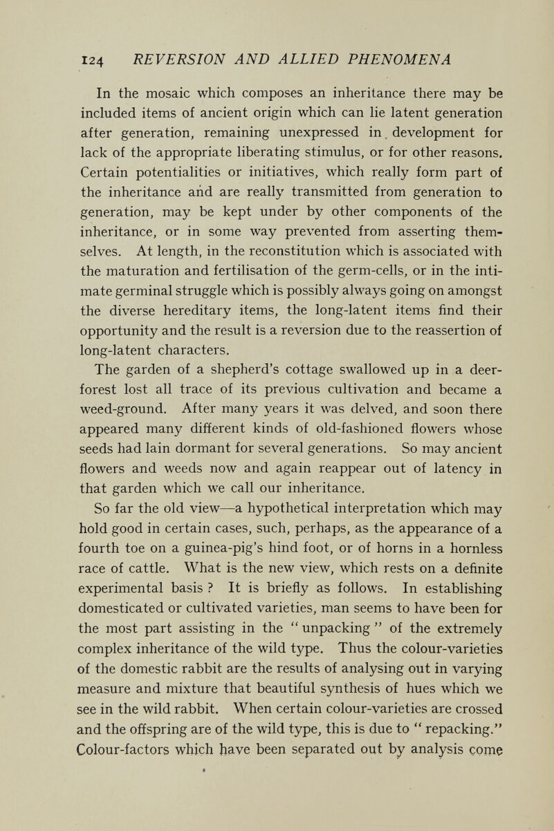 124 REVERSION AND ALLIED PHENOMENA In the mosaic which composes an inheritance there may be included items of ancient origin which can lie latent generation after generation, remaining unexpressed in. development for lack of the appropriate liberating stimulus, or for other reasons. Certain potentialities or initiatives, which really form part of the inheritance arid are really transmitted from generation to generation, may be kept under by other components of the inheritance, or in some way prevented from asserting them¬ selves. At length, in the reconstitution which is associated with the maturation and fertilisation of the germ-cells, or in the inti¬ mate germinal struggle which is possibly always going on amongst the diverse hereditary items, the long-latent items find their opportunity and the result is a reversion due to the reassertion of long-latent characters. The garden of a shepherd's cottage swallowed up in a deer- forest lost all trace of its previous cultivation and became a weed-ground. After many years it was delved, and soon there appeared many different kinds of old-fashioned flowers whose seeds had lain dormant for several generations. So may ancient flowers and weeds now and again reappear out of latency in that garden which we call our inheritance. So far the old view—a hypothetical interpretation which may hold good in certain cases, such, perhaps, as the appearance of a fourth toe on a guinea-pig's hind foot, or of horns in a hornless race of cattle. What is the new view, which rests on a definite experimental basis ? It is briefly as follows. In establishing domesticated or cultivated varieties, man seems to have been for the most part assisting in the  unpacking  of the extremely complex inheritance of the wild type. Thus the colour-varieties of the domestic rabbit are the results of analysing out in varying measure and mixture that beautiful synthesis of hues which we see in the wild rabbit. When certain colour-varieties are crossed and the offspring are of the wild type, this is due to  repacking. Colour-factors which have been separated out by analysis come