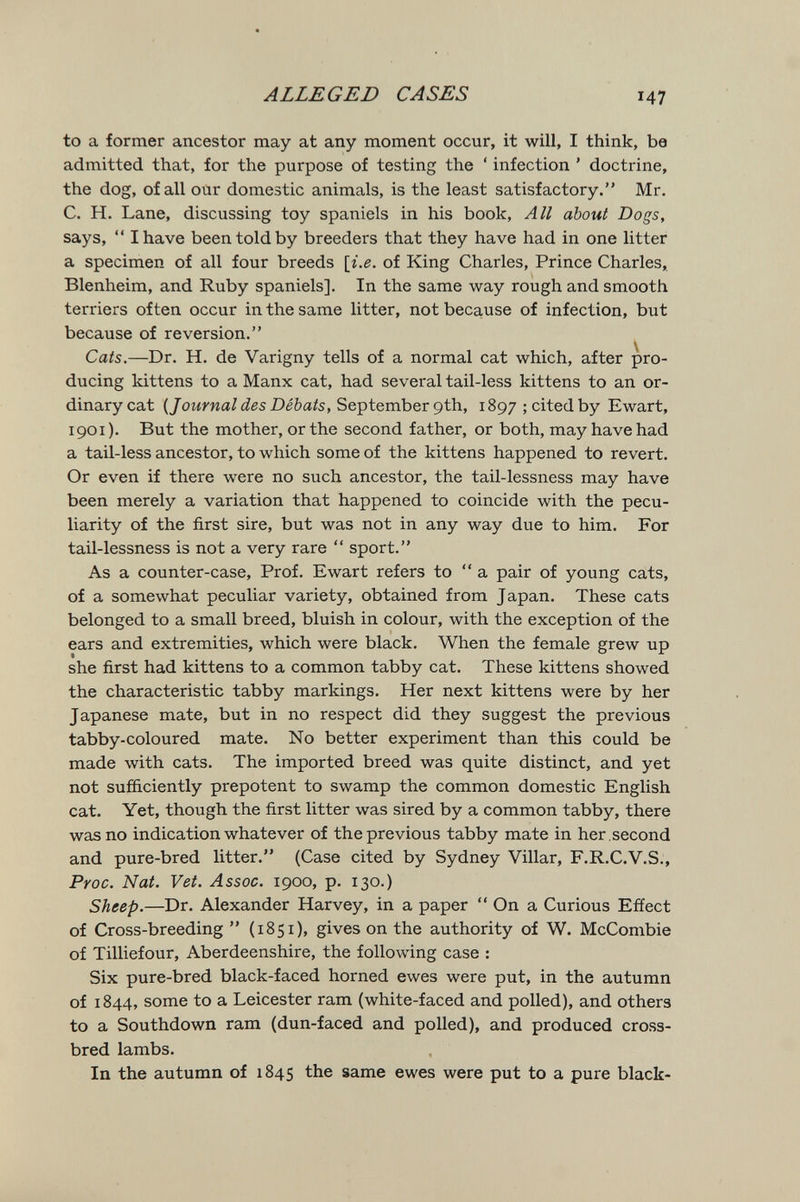 ALLEGED CASES 147 to a former ancestor may at any moment occur, it will, I think, be admitted that, for the purpose of testing the ' infection ' doctrine, the dog, of all our domestic animals, is the least satisfactory. Mr. C. H. Lane, discussing toy spaniels in his book, All about Dogs, says,  I have been told by breeders that they have had in one litter a specimen of all four breeds \i.e. of King Charles, Prince Charles,, Blenheim, and Ruby spaniels]. In the same way rough and smooth terriers often occur in the same litter, not because of infection, but because of reversion. Cats.—Dr. H. de Varigny tells of a normal cat which, after pro¬ ducing kittens to a Manx cat, had several tail-less kittens to an or¬ dinary cat (/оита/¿65 September 9th, 1897 ; cited by Ewart, 1901). But the mother, or the second father, or both, may have had a tail-less ancestor, to which some of the kittens happened to revert. Or even if there were no such ancestor, the tail-lessness may have been merely a variation that happened to coincide with the pecu¬ liarity of the first sire, but was not in any way due to him. For tail-lessness is not a very rare  sport. As a counter-case. Prof. Ewart refers to  a pair of young cats, of a somewhat peculiar variety, obtained from Japan. These cats belonged to a small breed, bluish in colour, with the exception of the ears and extremities, which were black. When the female grew up she first had kittens to a common tabby cat. These kittens showed the characteristic tabby markings. Her next kittens were by her Japanese mate, but in no respect did they suggest the previous tabby-coloured mate. No better experiment than this could be made with cats. The imported breed was quite distinct, and yet not sufficiently prepotent to swamp the common domestic English cat. Yet, though the first litter was sired by a common tabby, there was no indication whatever of the previous tabby mate in her , second and pure-bred litter. (Case cited by Sydney Villar, F.R.C.V.S., Proc. Nat. Vet. Assoc. 1900, p. 130.) Sheep.—Dr. Alexander Harvey, in a paper  On a Curious Effect of Cross-breeding  (1851), gives on the authority of W. McCombie of Tilliefour, Aberdeenshire, the following case : Six pure-bred black-faced horned ewes were put, in the autumn of 1844, some to a Leicester ram (white-faced and polled), and others to a Southdown ram (dun-faced and polled), and produced cross¬ bred lambs. In the autumn of 1845 the same ewes were put to a pure black-