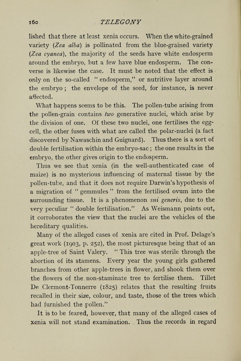 i6o TELEGONY lished that there at least xenia occurs. When the white-grained variety {Zea alba) is pollinated from the blue-grained variety {Zea cyanea), the majority of the seeds have white endosperm around the embryo, but a few have blue endosperm. The con¬ verse is likewise the case. It must be noted that the effect is only on the so-called  endosperm, or nutritive layer around the embryo ; the envelope of the seed, for instance, is never affected. What happens seems to be this. The pollen-tube arising from the pollen-grain contains two generative nuclei, which arise by the division of one. Of these two nuclei, one fertilises the egg- cell, the other fuses with what are called the polar-nuclei (a fact discovered by Nawaschin and Guignard). Thus there is a sort of double fertilisation within the embryo-sac ; the one results in the embryo, the other gives origin to the endosperm. Thus we see that xenia (in the well-authenticated case of maize) is no mysterious influencing of maternal tissue by the pollen-tube, and that it does not require Darwin's hypothesis of a migration of  gemmules  from the fertilised ovum into the surrounding tissue. It is a phenomenon sui generis, due to the very peculiar  double fertilisation. As Weismann points out, it corroborates the view that the nuclei are the vehicles of the hereditary qualities. Many of the alleged cases of xenia are cited in Prof. Delage's great work (1903, p. 252), the most picturesque being that of an apple-tree of Saint Valéry.  This tree was sterile through the abortion of its stamens. Every year the young girls gathered branches from other apple-trees in flower, and shook them over the flowers of the non-staminate tree to fertilise them. Tillet De Clermont-Tonnerre (1825) relates that the resulting fruits recalled in their size, colour, and taste, those of the trees which had furnished the pollen. It is to be feared, however, that many of the alleged cases of xenia will not stand examination. Thus the records in regard