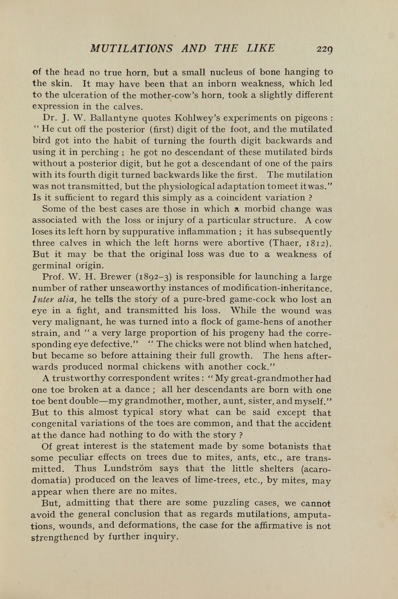 MUTILATIONS AND THE LIKE 229 of the head no true horn, but a small nucleus of bone hanging to the skin. It may have been that an inborn weakness, which led to the ulceration of the mother-cow's horn, took a slightly different expression in the calves. Dr. J. W. Ballantyne quotes Kohlwey's experiments on pigeons :  He cut off the posterior (first) digit of the foot, and the mutilated bird got into the habit of turning the fourth digit backwards and using it in perching ; he got no descendant of these mutilated birds without a posterior digit, but he got a descendant of one of the pairs with its fourth digit turned backwards like the first. The mutilation was not transmitted, but the physiological adaptation tomeet itwas. Is it sufficient to regard this simply as a coincident variation ? Some of the best cases are those in which a morbid change was associated with the loss or injury of a particular structure. A cow loses its left horn by suppurative inñammation ; it has subsequently three calves in which the left horns were abortive (Thaer, 1812). But it may be that the original loss was due to a weakness of germinal origin. Prof. W. H. Brewer (1892-3) is responsible for launching a large number of rather unseaworthy instances of modification-inheritance. Inter alia, he tells the story of a pure-bred game-cock who lost an eye in a fight, and transmitted his loss. While the wound was very malignant, he was turned into a flock of game-hens of another strain, and  a very large proportion of his progeny had the corre¬ sponding eye defective.  The chicks were not blind when hatched, but became so before attaining their full growth. The hens after¬ wards produced normal chickens with another cock. A trustworthy correspondent writes :  My great-grandmother had one toe broken at a dance ; all her descendants are born with one toe bent double—my grandmother, mother, aunt, sister, and myself. But to this almost typical story what can be said except that congenital variations of the toes are common, and that the accident at the dance had nothing to do with the story ? Of great interest is the statement made by some botanists that some peculiar effects on trees due to mites, ants, etc., are trans¬ mitted. Thus Lundström says that the little shelters (acaro- domatia) produced on the leaves of lime-trees, etc., by mites, may appear when there are no mites. But, admitting that there are some puzzling cases, we cannot avoid the general conclusion that as regards mutilations, amputa¬ tions, wounds, and deformations, the case for the affirmative is not strengthened by further inquiry.