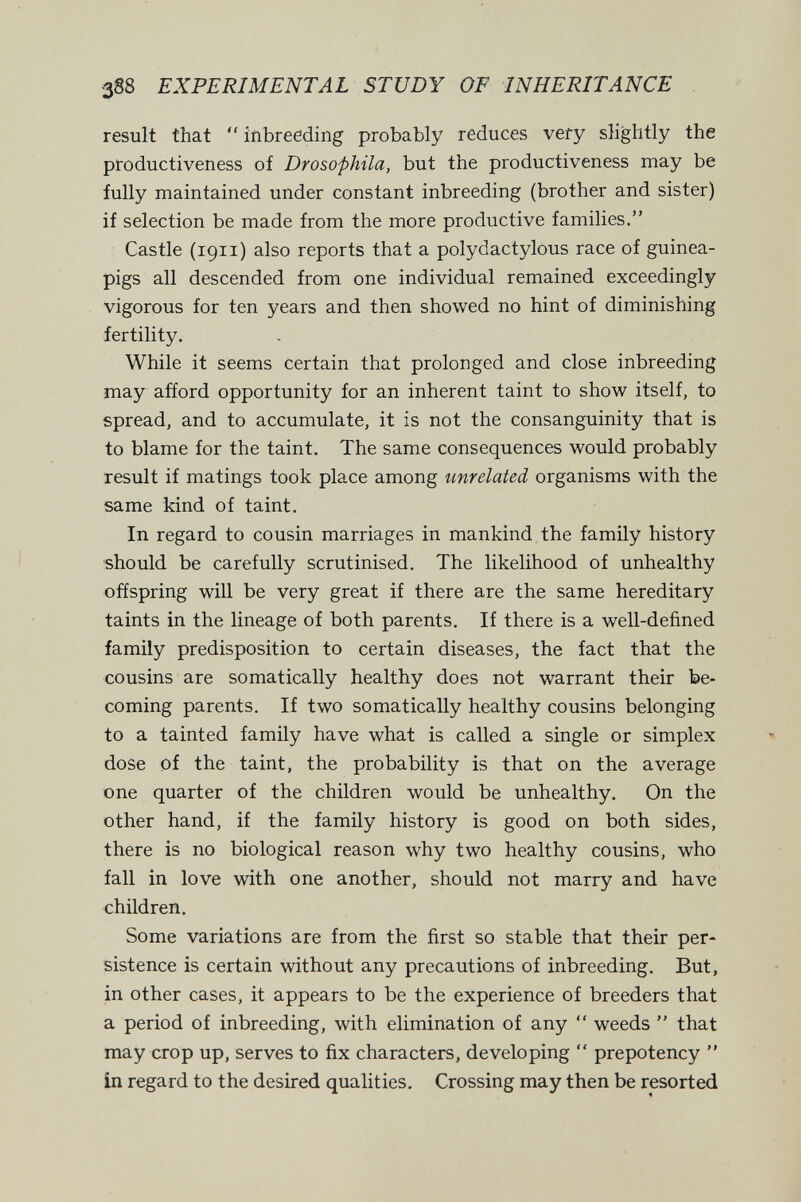 388 EXPERIMENTAL STUDY OF INHERITANCE result that  inbreeding probably reduces very slightly the productiveness of Drosophila, but the productiveness may be fully maintained under constant inbreeding (brother and sister) if selection be made from the more productive families. Castle (1911) also reports that a polydactylous race of guinea- pigs all descended from one individual remained exceedingly vigorous for ten years and then showed no hint of diminishing fertility. While it seems certain that prolonged and close inbreeding may afíord opportunity for an inherent taint to show itself, to spread, and to accumulate, it is not the consanguinity that is to blame for the taint. The same consequences would probably result if matings took place among unrelated organisms with the same kind of taint. In regard to cousin marriages in mankind the family history should be carefully scrutinised. The likelihood of unhealthy offspring will be very great if there are the same hereditary taints in the lineage of both parents. If there is a well-defined family predisposition to certain diseases, the fact that the cousins are somatically healthy does not warrant their be¬ coming parents. If two somatically healthy cousins belonging to a tainted family have what is called a single or simplex dose of the taint, the probability is that on the average one quarter of the children would be unhealthy. On the other hand, if the family history is good on both sides, there is no biological reason why two healthy cousins, who fall in love with one another, should not marry and have children. Some variations are from the first so stable that their per¬ sistence is certain without any precautions of inbreeding. But, in other cases, it appears to be the experience of breeders that a period of inbreeding, with elimination of any  weeds  that may crop up, serves to fix characters, developing  prepotency  in regard to the desired qualities. Crossing may then be resorted