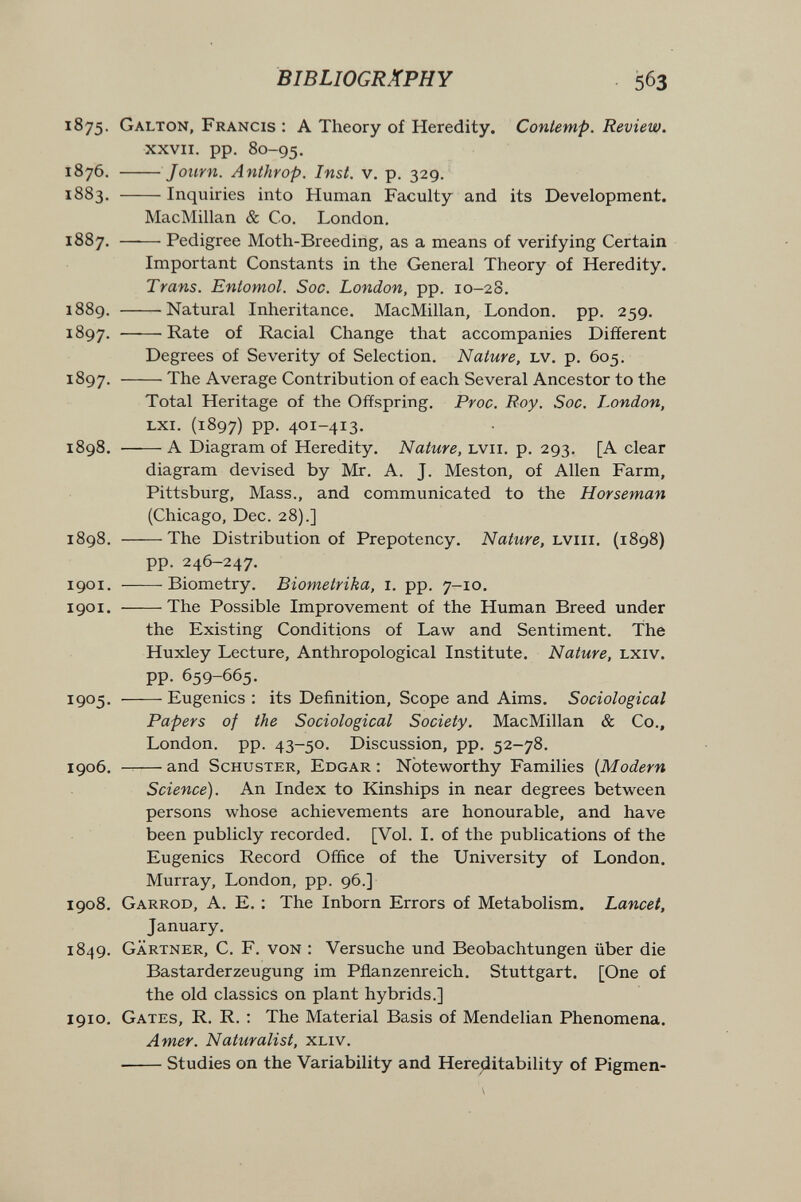 BIBLIOGRÄPHY 1875. Galton, Francis ; A Theory of Heredity. Contemp. Review. XXVII. pp. 80-95. 1876. Journ. Anthrop. Inst. V. p. 329. 1883. Inquiries into Human Faculty and its Development. MacMillan & Co. London. 1887. Pedigree Moth-Breeding, as a means of verifying Certain Important Constants in the General Theory of Heredity. Trans. Entomol. Soc. London, pp. 10-28, 1889. Natural Inheritance. MacMillan, London, pp. 259, 1897. 'Rate of Racial Change that accompanies Different Degrees of Severity of Selection. Nature, LV. p. 605. 1897. The Average Contribution of each Several Ancestor to the Total Heritage of the Offspring. Proc. Roy. Soc. London, lxi. (1897) PP- 401-413. 1898. A Diagram of Heredity. Nature, lvii. p. 293. [A clear diagram devised by Mr. A. J. Meston, of Allen Farm, Pittsburg, Mass., and communicated to the Horseman (Chicago, Dec. 28).] 1898. The Distribution of Prepotency. Nature, (1898) pp. 246-247. 1901. Biometry. Biometrika, i. pp. 7-10, 1901. The Possible Improvement of the Human Breed under the Existing Conditions of Law and Sentiment. The Huxley Lecture, Anthropological Institute. Nature, lxiv. pp. 659-665. 1905.  Eugenics : its Definition, Scope and Aims. Sociological Papers of the Sociological Society. MacMillan & Co., London, pp. 43-50. Discussion, pp. 52-78. 1906. and Schuster, Edgar : Noteworthy Families [Modern Science). An Index to Kinships in near degrees between persons whose achievements are honourable, and have been publicly recorded. [Vol. I. of the publications of the Eugenics Record Office of the University of London. Murray, London, pp. 96.] 1908. Garrod, a. E, : The Inborn Errors of Metabolism. Lancet, January. 1849. Gärtner, С. F. von : Versuche und Beobachtungen über die Bastarderzeugung im Pflanzenreich. Stuttgart. [One of the old classics on plant hybrids.] 1910. Gates, R. R. : The Material Basis of Mendelian Phenomena. Amer. Naturalist, xnv. Studies on the Variability and Hereditability of Pigmen-