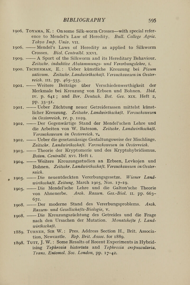 BIBLIOGRAPHY 595 1906. ToYAMA, К. : On some Silk-worm Crosses—with special refer¬ ence to Mendel's Law of Heredity. Bull. College Agrie. Tokyo Imp. Univ. vii. 1906. Mendel's Laws of Heredity as applied to Silkworm Crosses. Biol. Centralbl. xxvi. 1909. A Sport of the Silkworm and its Hereditary Behaviour. Zeitschr. induktive Abstämmlings- und Vererbungslehre, i. 1900. TscHERMAK, E. : Ueber künstliche Kreuzung bei Pisum sativum. Zeitschr. Landwirthschaft. Versuchswesen in Oester¬ reich. iii. pp. 465-555. 1901. Weitere Beiträge über Verschiedenwerthigkeit der Merkmale bei Kreuzung von Erbsen und Bohnen. Ibid. iv. p. 641 ; and Ber. Deutsch. Bot. Ges. xix. Heft 2, PP- 35-51- 1901. Ueber Züchtung neuer Getreiderassen mittelst künst¬ licher Kreuzung. Zeitsohr. Landwirthschaft. Versuchswesen in Oesterreich, iv. p. 1029. 1902. Der Gegenwärtige Stand der Mendel'schen Lehre und die Arbeiten von W. Bateson. Zeitschr. Landwirthschaft. Versuchswesen in Oesterreich, v, 1902. Ueber die gesetzmässige Gestaltungsweise der Mischlinge. Zeitschr. Landwirthschaft. Versuchswesen in Oesterreich. 1503.- Theorie der Kryptomerie und des Kryptohybridismus. Botan. Centralbl. xvi. Heft i. igo4. Weitere Kreuzungsstudien an Erbsen, Levkojen und Bohnen. Zeitschr. Landwirthschaft. Versuchswesen in Oester¬ reich. igo5. Die neuentdeckten Vererbungsgesetze. Wiener Land¬ wirthschaft. Zeitung, March 1905, Nos. 17-19. igo5. Die Mendel'sche Lehre und die Galton'sche Theorie von Ahnenerbe. Arch. Rassen. Ges.-Biol. 11. pp. 663- Ьу2. jgo8. Der moderne Stand des Vererbungsproblems. Arch. Rassen- und Gesellschafts-Biologie, v. jgo8. Die Kreuzungszüchtung des Getreides und die Frage nach den Ursachen der Mutation. Monatshefte f. Land¬ wirthschaft. 1889. Turner, Sir W. : Pres. Address Section H., Brit. Associa¬ tion, Newcastle. Rep. Brit. Assoc. for 1889. 1898. Tutt, J. W. : Some Results of Recent Experiments in Hybrid¬ ising Tephrosia bistortata and Tephrosia crepuscularia. Trans. Entomol. Soc. London, pp. 17-42.