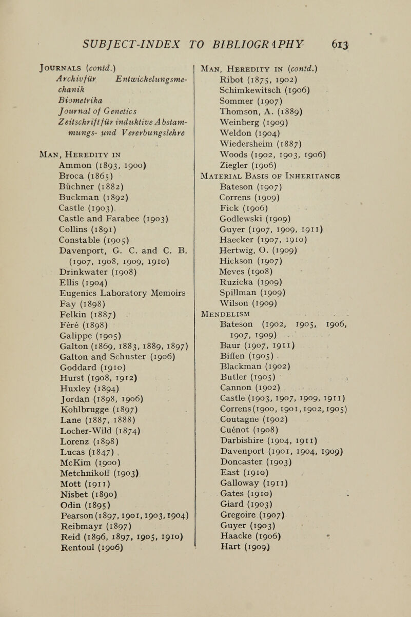SUBJECT-INDEX TO BIBLIOGRiPHY 615 Journals (conid.) Archiv für Entwickelungsme- chanik Biometrika Journal of Genetics Zeitschrift für induktive A bstam- mungs- und Vererbungslehre Man, Heredity in Ammon (1893, 1900) Broca (1865) Büchner (1882) Buckman (1892) Castle (1903). Castle and Farabee (1903) Collins (1891) Constable (1905) Davenport, G. C. and C. B. (1907, 1908, 1909, 1910) Drinkwater (1908) Ellis (1904) Eugenics Laboratory Memoirs Fay (1898) Felkin (1887) Féré (1898) Galippe {1905) Galton (1869, 1883, 1889, 1897) Galton and Schuster {1906) Goddard {1910) Hurst {1908, 1912) Huxley (1894) Jordan (1898, 1906) Kohlbrugge (1897) Lane (1887, 1888) Locher-Wild (1874) Lorenz (1898) Lucas (1847) , McKim (1900) Metchnikofí (1903) Mott (1911 ) Nisbet (1890) Odin (189s) Pearson(1897,1901,1903,1904) Reibmayr {1897) Reid (1896, 1897, 1905, 1910) Rentoul (1906) Man, Heredity in (contd.) Ribot (1875, 1902) Schimkewitsch (1906) Sommer {1907) Thomson, A. (1889) Weinberg (1909) Weldon (1904) Wiedersheim (1887) Woods (1902, 1903, 1906) Ziegler {1906) Material Basis of Inheritance Bateson (1907) Correns (1909) Fick (1906) Godlewski (1909) Guyer (1907, 1909, 1911) Haecker (1907, 1910) Hertwig, O. (1909) Hickson (1907) Meves (1908) Ruzicka (1909) Spillman {1909) Wilson {1909) Mendelism Bateson (1902, 1905, 1906, 1907, 1909) . Baur {1907, 1911 ) Bifíen {1905) Blackman (1902) Butler (1905) л Cannon (1902) Castle {1903, 1907, 1909. 1911) Correns (1900, 1901,1902,1905) Coutagne (1902) Cuénot {1908) Darbishire (1904, 1911) Davenport (1901, 1904, 1909) Doncaster (1903) East {1910) Galloway (1911) Gates (1910) Giard (1903) Grégoire (1907) Guyer (1903) Haacke (1906) • Hart (1909)