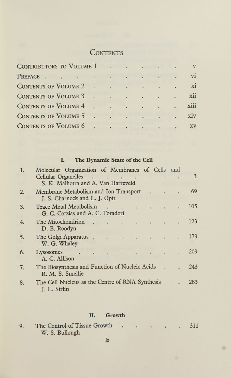 Contents Contributors to Volume 1 v Preface vi Contents of Volume 2 xi Contents of Volume 3 xii Contents of Volume 4 xiii Contents of Volume 5 xiv Contents of Volume 6 xv I. The Dynamic State of the Cell 1. Molecular Organization of Membranes of Cells and Cellular Organelles ....... 3 S. K. Malhotra and A. Van Harreveld 2. Membrane Metabolism and Ion Transport ... 69 J. S. Charnock and L. J. Opit 3. Trace Metal Metabolism 105 G. C. Cotzias and A. C. Foradori 4. The Mitochondrion . . . . . . .123 D. B. Roodyn 5. The Golgi Apparatus 179 W. G. Whaley 6. Lysosomes ........ 209 A. C. AUison 7. The Bios5^thesis and Function of Nucleic Acids . . 243 R. M. S. SmelHe 8. The Cell Nucleus as the Centre of RNA Synthesis . 283 J. L. Sirlin П. Growth 9. The Control of Tissue Growth 311 П. Growth he Control of Tissue Growth 311 W. S. Bullough ix