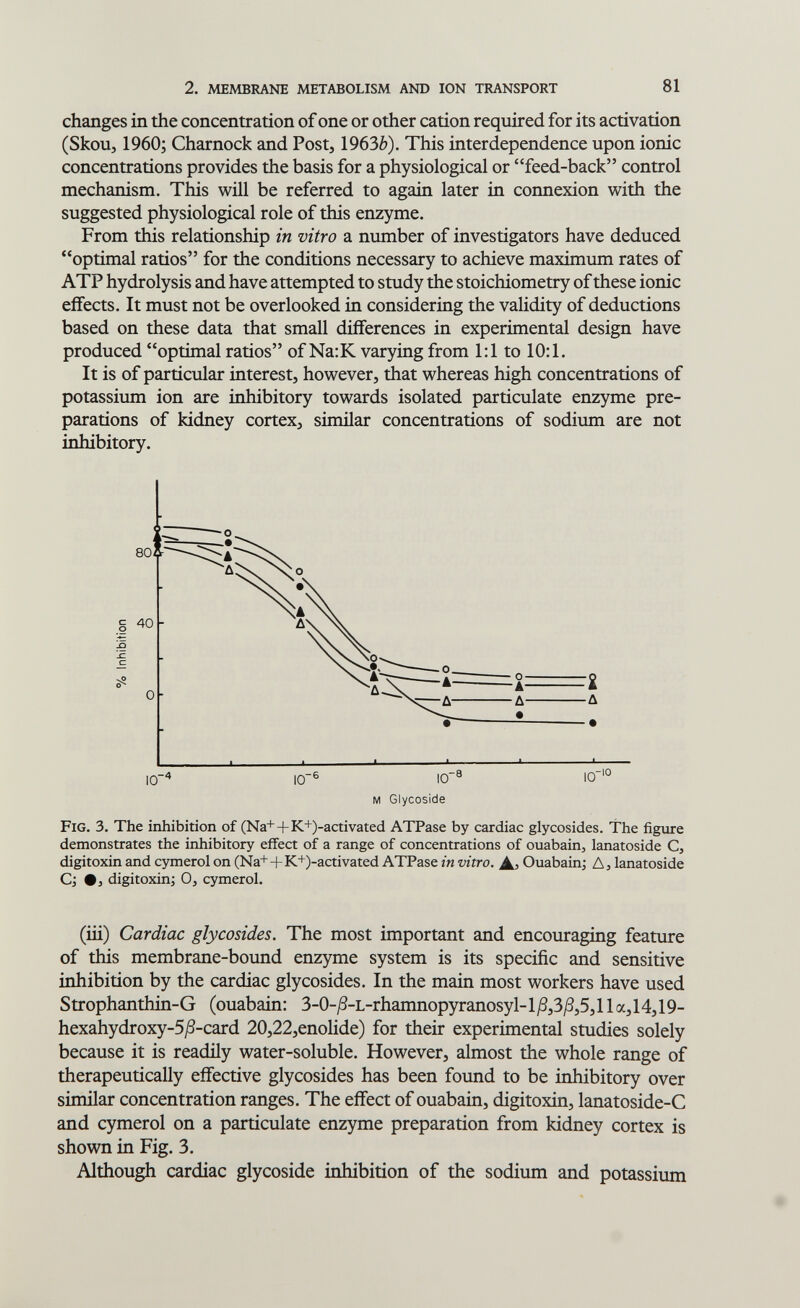 2. MEMBRANE METABOLISM AND ION TRANSPORT 81 changes in the concentration of one or other cation required for its activation (Skou, 1960; Charnock and Post, 1963Ô). This interdependence upon ionic concentrations provides the basis for a physiological or feed-back control mechanism. This will be referred to again later in connexion with the suggested physiological role of this enzyme. From this relationship in vitro a number of investigators have deduced optimal ratios for the conditions necessary to achieve maximum rates of ATP hydrolysis and have attempted to study the stoichiometry of these ionic effects. It must not be overlooked in considering the validity of deductions based on these data that small differences in experimental design have produced optimal ratios of Na:K varying from 1:1 to 10:1. It is of particular interest, however, that whereas high concentrations of potassium ion are inhibitory towards isolated particulate enzyme pre¬ parations of kidney cortex, similar concentrations of sodium are not inhibitory. M Glycoside Fig. 3. The inhibition of (Na++K+)-activated ATPase by cardiac glycosides. The figure demonstrates the inhibitory effect of a range of concentrations of ouabain, lanatoside C, digitoxin and cymerol on (Na++K+)-activated ATPase in vitro. Ouabain; Д, lanatoside C; digitoxin; Oj cymerol. (iii) Cardiac glycosides. The most important and encouraging feature of this membrane-bound enzyme system is its specific and sensitive inhibition by the cardiac glycosides. In the main most workers have used Strophanthin-G (ouabain: 3-0-^-L-rhamnopyranosyl-1^3,3^,5,11 a, 14,19- hexahydroxy-5j8-card 20,22,enolide) for their experimental studies solely because it is readily water-soluble. However, almost the whole range of therapeutically effective glycosides has been found to be inhibitory over similar concentration ranges. The effect of ouabain, digitoxin, lanatoside-C and cymerol on a particulate enzyme preparation from kidney cortex is shown in Fig. 3. Although cardiac glycoside inhibition of the sodium and potassium