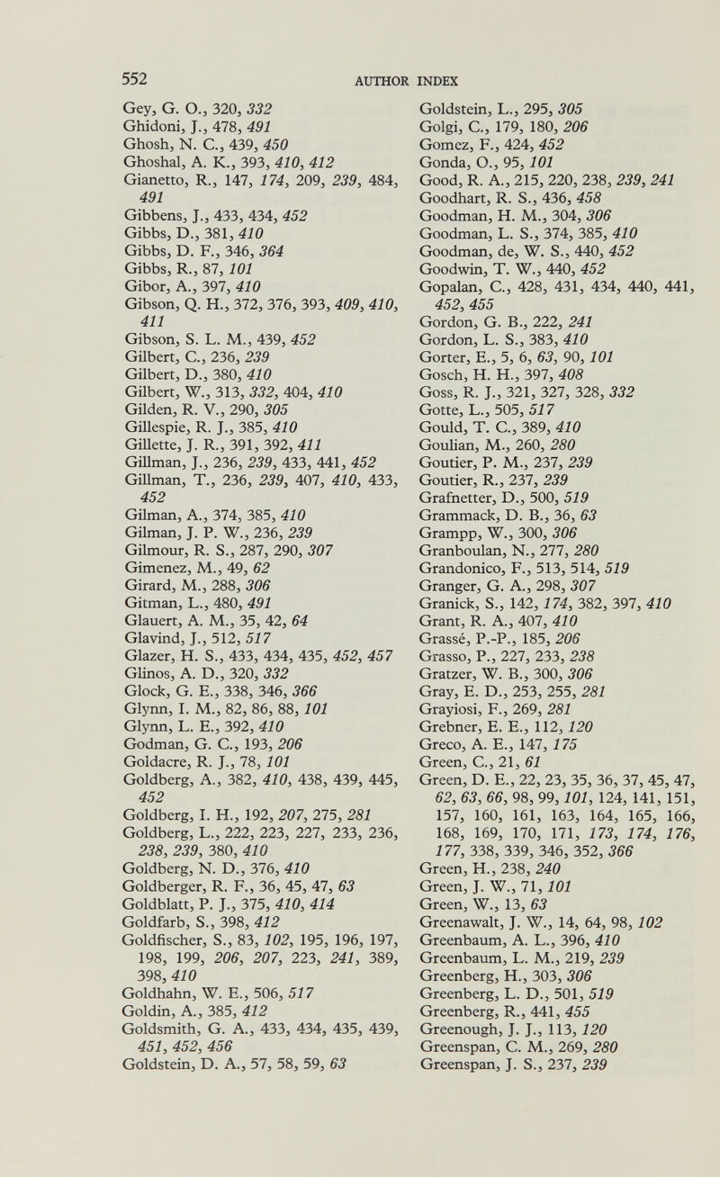 552 AXTTHOR INDEX Gey, G. O.J 320, 332 Ghidoni, J., 478, 491 Ghosh, N. C., 439, 450 Ghoshal, A. K., 393, 410, 412 Gianetto, R., 147, 174, 209, 239, 484, 491 Gibbens, J., 433, 434, 452 Gibbs, D., 381, 410 Gibbs, D. F., 346, 364 Gibbs, R., 87, 101 Gibor, A., 397, 410 Gibson, Q. H., 372, 376, 393, 409, 410, 411 Gibson, S. L. M., 439, 452 Gilbert, C., 236, 239 Gilbert, D., 380, 410 Gilbert, W., 313, 332, 404, 410 Gilden, R. v., 290, 305 Gillespie, R. J., 385, 410 Gillette, J. R., 391, 392, 411 GiUman, J., 236, 239, 433, 441, 452 Gillman, T., 236, 239, 407, 410, 433, 452 Gilman, A., 374, 385, 410 Gilman, J. P. W., 236, 239 Gilmour, R. S., 287, 290, 307 Gimenez, M., 49, 62 Girard, M., 288, 306 Gitman, L., 480, 491 Glauert, A. M., 35, 42, 64 Glavind, J., 512, 517 Glazer, H. S., 433, 434, 435, 452, 457 Glinos, A. D., 320, 332 Glock, G. E., 338, 346, 366 Glynn, I. M., 82, 86, 88, 101 Glynn, L. E., 392, 410 Godman, G. C., 193, 206 Goldacre, R. J., 78, 101 Goldberg, A., 382, 410, 438, 439, 445, 452 Goldberg, I. H., 192, 207, 275, 281 Goldberg, L., 222, 223, 227, 233, 236, 238, 239, 380, 410 Goldberg, N. ^D., 316, 410 Goldberger, R. F., 36, 45, 47, 63 Goldblatt, P. J., 375, 410, 414 Goldfarb, S., 398, 412 Goldfischer, S., 83, 102, 195, 196, 197, 198, 199, 206, 207, 223, 241, 389, 398, 410 Goldhahn, W. E., 506, 517 Goldin, A., 385, 412 Goldsmith, G. A., 433, 434, 435, 439, 451, 452, 456 Goldstein, D. A., 57, 58, 59, 63 Goldstein, L., 295, 305 Golgi, е., 179, 180, 206 Gomez, F., 424, 452 Gonda, О., 95,101 Good, R. A., 215, 220, 238, 239, 241 Goodhart, R. S., 436, 458 Goodman, H. M., 304, 306 Goodman, L. S., 374, 385, 410 Goodman, de, W. S., 440, 452 Goodwin, T. W., 440, 452 Gopalan, C., 428, 431, 434, 440, 441, 452, 455 Gordon, G. В., 222, 241 Gordon, L. S., 383, 410 Gorter, E., 5, 6, 63, 90, 101 Gosch, H. H., 397, 408 Goss, R. J., 321, 327, 328, 332 Gotte, L., 505, 517 Gould, T. C., 389, 410 Goulian, M., 260, 280 Goutier, P. M., 237, 239 Goutier, R., 237, 239 Grafnetter, D., 500, 519 Grammack, D. В., 36, 63 Grampp, W., 300, 306 Granboulan, N., 277, 280 Grandonico, F., 513, 514, 5ÍS Granger, G. A., 298, 307 Granick, S., 142,174, 382, 397, 410 Grant, R. A., 407, 410 Grassé, P.-P., 185, 206 Grasso, P., 227, 233, 238 Gratzer, W. В., 300, 306 Gray, E. D., 253, 255, 281 Grayiosi, F., 269, 281 Grebner, E. E., 112, 120 Greco, A. E., 147, 175 Green, C., 21, 61 Green, D. E., 22, 23, 35, 36, 37, 45, 47, 62, 63, 66, 98, 99,101, 124, 141, 151, 157, 160, 161, 163, 164, 165, 166, 168, 169, 170, 171, 173, 174, 176, 177, 338, 339, 346, 352, 366 Green, H., 238, 240 Green, J. W., 71, ÍOÍ Green, W., 13, 63 Greenawalt, J. W., 14, 64, 98, 102 Greenbaum, A. L., 396, 410 Greenbaum, L. M., 219, 239 Greenberg, H., 303, 306 Greenberg, L. D., 501, 5^5 Greenberg, R., 441, 455 Greenough, J. J., 113,120 Greenspan, C. M., 269, 280 Greenspan, J. S., 237, 239