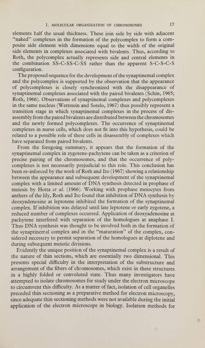 1. MOLECULAR ORGANIZATION OF CHROMOSOMES 17 elements half the usual thickness. These join side by side with adjacent naked complexes in the formation of the poly complex to form a com¬ posite side element with dimensions equal to the width of the original side elements in complexes associated with bivalents. Thus, according to Roth, the polycomplex actually represents side and central elements in the combination SS-C-SS-C-SS rather than the apparent S-C-S-C-S configuration. The proposed sequence for the development of the synaptinemal complex and the polycomplex is supported by the observation that the appearance of polycomplexes is closely synchronized with the disappearance of synaptinemal complexes associated with the paired bivalents (Schin, 1965; Roth, 1966). Observations of synaptinemal complexes and polycomplexes in the same nucleus (Wettstein and Sotelo, 1967) thus possibly represent a transition stage in which synaptinemal complexes in the process of dis¬ assembly from the paired bivalents are distributed between the chromosomes and the newly formed polycomplexes. The occurrence of synaptinemal complexes in nurse cells, which does not fit into this hypothesis, could be related to a possible role of these cells in disassembly of complexes which have separated from paired bivalents. From the foregoing summary, it appears that the formation of the synaptinemal complex in zygotene-pachytene can be taken as a criterion of precise pairing of the chromosomes, and that the occurrence of poly¬ complexes is not necessarily prejudicial to this role. This conclusion has been re-inforced by the work of Roth and Ito (1967) showing a relationship between the appearance and subsequent development of the synaptinemal complex with a limited amount of DNA synthesis detected in prophase of meiosis by Hotta et al. (1966). Working with prophase meiocytes from anthers of the lily. Roth and Ito found that inhibition of DNA synthesis by deoxyadenosine at leptotene inhibited the formation of the synaptinemal complex. If inhibition was delayed until late leptotene or early zygotene, a reduced number of complexes occurred. Application of deoxyadenosine at pachytene interfered with separation of the homologues at anaphase I. Thus DNA synthesis was thought to be involved both in the formation of the synaptinemal complex and in the maturation of the complex, con¬ sidered necessary to permit separation of the homologues at diplotene and during subsequent meiotic divisions. Evidently the unique position of the synaptinemal complex is a result of the nature of thin sections, which are essentially two dimensional. This presents special difficulty in the interpretation of the substructure and arrangement of the fibers of chromosomes, which exist in these structures in a highly folded or convoluted state. Thus many investigators have attempted to isolate chromosomes for study under the electron microscope to circumvent this difficulty. As a matter of fact, isolation of cell organelles preceded thin sectioning as a preparative method for electron microscopy, since adequate thin sectioning methods were not available during the initial application of the electron microscope in biology. Isolation methods for