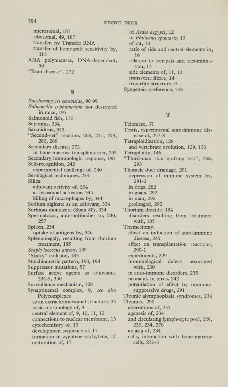 394 SUBJECT INDEX microsomal, 187 ribosomal, 49, 187 transfer, see Transfer RNA transfer of homograft sensitivity by, 313 RNA polymerases, DNA-dependent, 50 Runt disease, 272 S Saccharomyces cerevisiae, 90 99 Salmonella typhimurium not destroyed in mice, 195 Salmonoid fish, 130 Saponins, 334 Sarcoidosis, 343 Second-set reaction, 268, 271, 273, 280, 289 Secondary disease, 272 in bone-marrow transplantation, 295 Secondary immunologic response, 188 Self-recognition, 242 experimental challenge of, 240 Serological techniques, 279 Silica: adjuvant activity of, 334 as lysosomal activator, 345 killing of macrophages by, 344 Sodium alginate as an adjuvant, 334 Sorbitan monoleate (Span 80), 334 Spermatozoa, auto-antibodies to, 240, 257 Spleen, 234 uptake of antigens by, 346 Splenomegaly, resulting from thorium treatment, 185 Staphylococcus aureus, 199 Sticky collision, 183 Stoichiometric pattern, 193, 194 Suppressor mutations, 57 Surface active agents as adjuvants, 334-5, 350 Surveillance mechanism, 308 Synaptinemal complex, 9, see also Polycomplexes as an extrachromosomal structure, 34 basic morphology of, 9 central element of, 9, 10, 11, 12 connections to nuclear membrane, 13 cytochemistry of, 13 development sequence of, 17 formation in zygotene-pachytene, 17 maturation of, 17 of Aedes aegypti, 12 of Philaenus spumaris, 10 of rat, 10 ratio of side and central elements in, 16 relation to synapsis and recombina¬ tion, 13 side elements of, 11, 12 transverse fibres, 14 tripartite structure, 9 Syngeneic preference, 308 T Telomere, 37 Testis, experimental auto-immune dis¬ ease of, 257-8 Tetraploidization, 128 and vertebrate evolution, 129, 130 Tetraploidy, 146 Third-man skin grafting test, 268, 293 Thoracic duct drainage, 291 depression of immune system by, 291-2 in dogs, 282 in goats, 292 in man, 292 prolonged, 292 Thorium dioxide, 184 disorders resulting from treatment with, 185 Thymectomy: effect on induction of auto-immune disease, 245 effect on transplantation reactions, 290-1 experiments, 229 immvinological defects associated with, 230 in auto-immune disorders, 235 neonatal, in birds, 242 potentiation of effect by immuno¬ suppressive drugs, 291 Thymic alymphoplasia syndromes, 234 Thymus, 290 aberrations of, 235 agenesis of, 234 and circulating lymphocyte pool, 229, 230, 234, 278 aplasia of, 234 cells, interaction with bone-marrow cells, 231-3