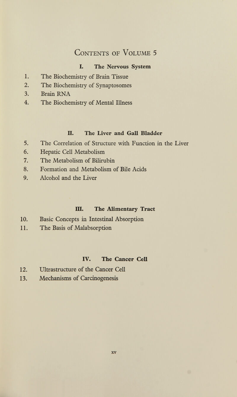 Contents of Volume 5 I. The Nervous System 1. The Biochemistry of Brain Tissue 2. The Biochemistry of Synaptosomes 3. Brain RNA 4. The Biochemistry of Mental Illness П. The Liver and Gall Bladder 5. The Correlation of Structure with Function in the Liver 6. Hepatic Cell Metabolism 7. The Metabolism of Bilirubin 8. Formation and Metabolism of Bile Acids 9. Alcohol and the Liver Ш. The Alimentary Tract 10. Basic Concepts in Intestinal Absorption 11. The Basis of Malabsorption IV. The Cancer Cell 12. Ultrastructure of the Cancer Cell 13. Mechanisms of Carcinogenesis XV