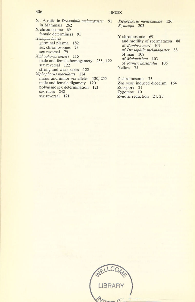 306 INDEX X : A ratio in Drosophila melanogaster 91 in Mammals 262 X chromosome 69 female determiners 91 Xenopus laevis germinal plasma 182 sex chromosomes 73 sex reversal 79 Xiphophorus helleri 115 male and female homogamety 255, 122 sex reversal 122 strong and weak sexes 122 Xiphophorus maculatus 114 major and minor sex alleles 120, 255 male and female digamety 120 polygenic sex determination 121 sex races 242 sex reversal 121 Xiphophorus montezumae Xylocopa 203 126 Y chromosome 69 and motility of spermatazoa 88 of Bombyx mori 107 of Drosophila melanogaster 88 of man 108 of Melandrium 103 of Rumex hastatulus 106 Yellow 75 Z chromosome 73 Zea mais, induced dioecism Zoospore 21 Zygotene 10 Zygotic reduction 24, 25 164