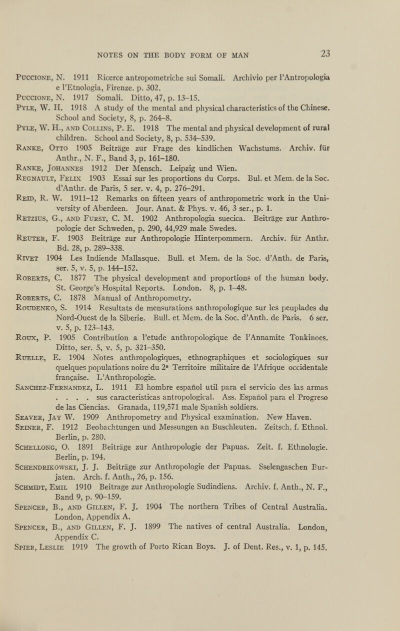 Puccione, N. 1911 Ricerce antropometriche sui Somali. Archivio per 1’ Antropología e l’Etnologia, Firenze, p. 302. Puccione, N. 1917 Somali. Ditto, 47, p. 13-15. Pyle, W. H. 1918 A study of the mental and physical characteristics of the Chinese. School and Society, 8, p. 264-8. Pyle, W. H., and Collins, P. E. 1918 The mental and physical development of rural children. School and Society, 8, p. 534—539. Ranke, Otto 1905 Beiträge zur Frage des kindlichen Wachstums. Archiv, für Anthr., N. F., Band 3, p. 161-180. Ranke, Johannes 1912 Der Mensch. Leipzig und Wien. Régnault, Felix 1903 Essai sur les proportions du Corps. Bul. et Mem. de la Soc. d’Anthr. de Paris, 5 ser. v. 4, p. 276-291. Reld, R. W. 1911-12 Remarks on fifteen years of anthropometric work in the Uni versity of Aberdeen. Jour. Anat. & Phys. v. 46, 3 ser., p. 1. Retzius, G., and Fürst, C. M. 1902 Anthropologia suecica. Beiträge zur Anthro pologie der Schweden, p. 290, 44,929 male Swedes. Reuter, F. 1903 Beiträge zur Anthropologie Flinterpommern. Archiv, für Anthr. Bd. 28, p. 289-338. Rtvet 1904 Les Indiende Mallasque. Bull, et Mem. de la Soc. d’Anth. de Paris, ser. 5, v. 5, p. 144-152. Roberts, C. 1877 The physical development and proportions of the human body. St. George’s Hospital Reports. London. 8, p. 1-48. Roberts, C. 1878 Manual of Anthropometry. Roudenko, S. 1914 Resultats de mensurations anthropologique sur les peuplades du Nord-Ouest de la Sibérie. Bull, et Mem. de la Soc. d’Anth. de Paris. 6 ser. v. 5, p. 123-143. Roux, P. 1905 Contribution a l’etude anthropologique de l’Annamite Tonkinoes. Ditto, ser. 5, v. 5, p. 321-350. Ruelle, E. 1904 Notes anthropologiques, ethnographiques et sociologiques sur quelques populations noire du 2 e Territoire militaire de l’Afrique occidentale française. L’Anthropologie. Sanchez-Fernandez, L. 1911 El hombre español util para el servicio des las armai . . . . sus características antropological. Ass. Español para el Progreso de las Ciencias. Granada, 119,571 male Spanish soldiers. Seaver, Jay W. 1909 Anthropometry and Physical examination. New Haven. Seiner, F. 1912 Beobachtungen und Messungen an Buschleuten. Zeitsch. f. Ethnol. Berlin, p. 280. Schellong, O. 1891 Beiträge zur Anthropologie der Papuas. Zeit. f. Ethnologie. Berlin, p. 194. Schendrikowski, J. J. Beiträge zur Anthropologie der Papuas. Sselengaschen Bur jaten. Arch. f. Anth., 26, p. 156. Schmidt, Emil 1910 Beitrage zur Anthropologie Sudindiens. Archiv, f. Anth., N. F., Band 9, p. 90-159. Spencer, B., and Gillen, F. J. 1904 The northern Tribes of Central Australia. London, Appendix A. Spencer, B., and Gillen, F. J. 1899 The natives of central Australia. London, Appendix C. Spier, Leslie 1919 The growth of Porto Rican Boys. J. of Dent. Res., v. 1, p. 145.