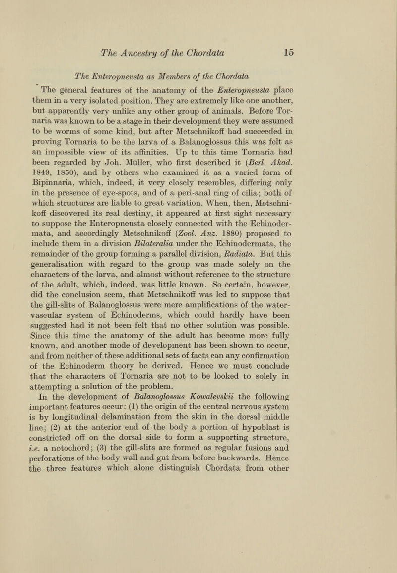 The Enteropneusta as Members of the Chordata The general features of the anatomy of the Enteropneusta place them in a very isolated position. They are extremely like one another, but apparently very unlike any other group of animals. Before Tor- naria was known to be a stage in their development they were assumed to be worms of some kind, but after Metschnikoff had succeeded in proving Tornaria to be the larva of a Balanoglossus this was felt as an impossible view of its affinities. Up to this time Tornaria had been regarded by Joh. Müller, who first described it (Bert. Akad. 1849, 1850), and by others who examined it as a varied form of Bipinnaria, which, indeed, it very closely resembles, differing only in the presence of eye-spots, and of a peri-anal ring of cilia; both of which structures are liable to great variation. When, then, Metschni koff discovered its real destiny, it appeared at first sight necessary to suppose the Enteropneusta closely connected with the Echinoder- mata, and accordingly Metschnikoff ( Zool. Anz. 1880) proposed to include them in a division Bilateralia under the Echinodermata, the remainder of the group forming a parallel division, Radiata. But this generalisation with regard to the group was made solely on the characters of the larva, and almost without reference to the structure of the adult, which, indeed, was little known. So certain, however, did the conclusion seem, that Metschnikoff was led to suppose that the gill-slits of Balanoglossus were mere amplifications of the water- vascular system of Echinoderms, which could hardly have been suggested had it not been felt that no other solution was possible. Since this time the anatomy of the adult has become more fully known, and another mode of development has been shown to occur, and from neither of these additional sets of facts can any co nfir mation of the Echinoderm theory be derived. Hence we must conclude that the characters of Tornaria are not to be looked to solely in attempting a solution of the problem. In the development of Balanoglossus Kowalevskii the following important features occur: (1) the origin of the central nervous system is by longitudinal delamination from the skin in the dorsal middle line; (2) at the anterior end of the body a portion of hypoblast is constricted off on the dorsal side to form a supporting structure, i.e. a notochord; (3) the gill-slits are formed as regular fusions and perforations of the body wall and gut from before backwards. Hence the three features which alone distinguish Chordata from other