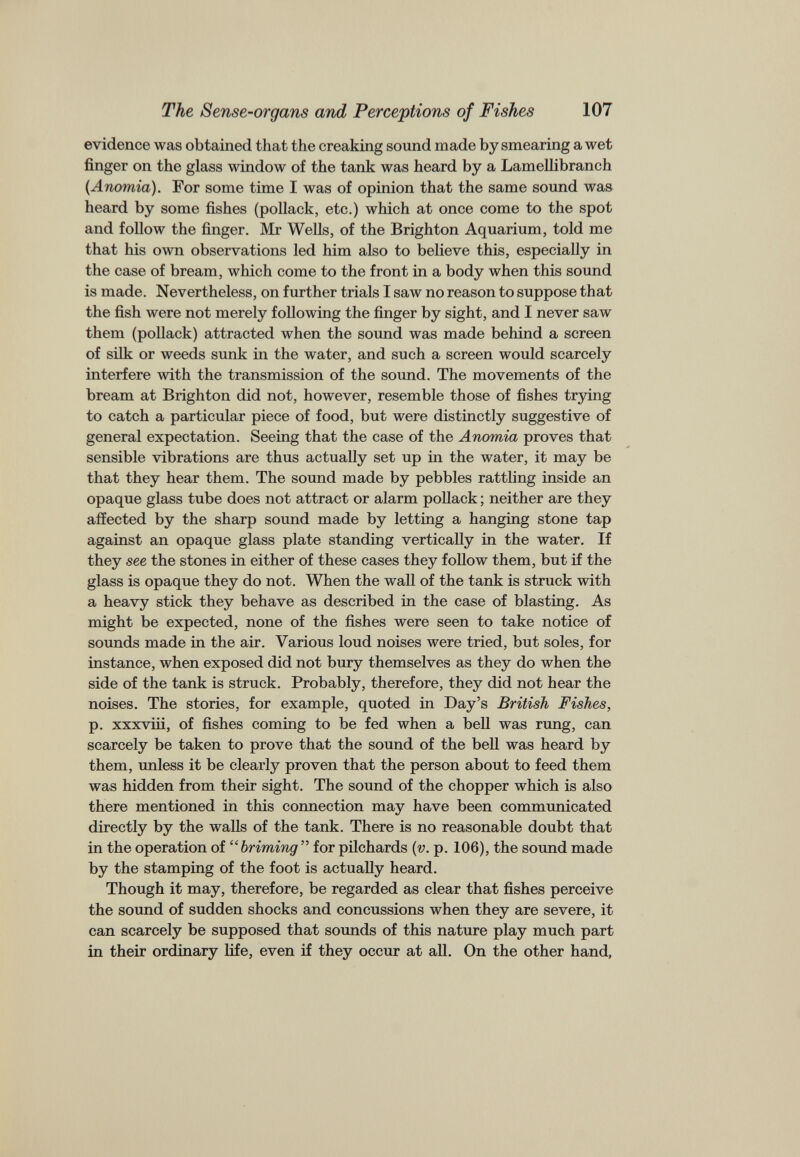 evidence was obtained that the creaking sound made by smearing a wet finger on the glass window of the tank was heard by a Lamellibranch (Anomia). For some time I was of opinion that the same sound was heard by some fishes (pollack, etc.) which at once come to the spot and follow the finger. Mr Wells, of the Brighton Aquarium, told me that his own observations led him also to believe this, especially in the case of bream, which come to the front in a body when this sound is made. Nevertheless, on further trials I saw no reason to suppose that the fish were not merely following the finger by sight, and I never saw them (pollack) attracted when the sound was made behind a screen of silk or weeds sunk in the water, and such a screen would scarcely interfere with the transmission of the sound. The movements of the bream at Brighton did not, however, resemble those of fishes trying to catch a particular piece of food, but were distinctly suggestive of general expectation. Seeing that the case of the Anomia proves that sensible vibrations are thus actually set up in the water, it may be that they hear them. The sound made by pebbles rattling inside an opaque glass tube does not attract or alarm pollack; neither are they affected by the sharp sound made by letting a hanging stone tap against an opaque glass plate standing vertically in the water. If they see the stones in either of these cases they follow them, but if the glass is opaque they do not. When the wall of the tank is struck with a heavy stick they behave as described in the case of blasting. As might be expected, none of the fishes were seen to take notice of sounds made in the air. Various loud noises were tried, but soles, for instance, when exposed did not bury themselves as they do when the side of the tank is struck. Probably, therefore, they did not hear the noises. The stories, for example, quoted in Day’s British Fishes, p. xxxviii, of fishes coming to be fed when a bell was rung, can scarcely be taken to prove that the sound of the bell was heard by them, unless it be clearly proven that the person about to feed them was hidden from their sight. The sound of the chopper which is also there mentioned in this connection may have been communicated directly by the walls of the tank. There is no reasonable doubt that in the operation of “briming ” for pilchards (v. p. 106), the sound made by the stamping of the foot is actually heard. Though it may, therefore, be regarded as clear that fishes perceive the sound of sudden shocks and concussions when they are severe, it can scarcely be supposed that sounds of this nature play much part in their ordinary life, even if they occur at all. On the other hand,