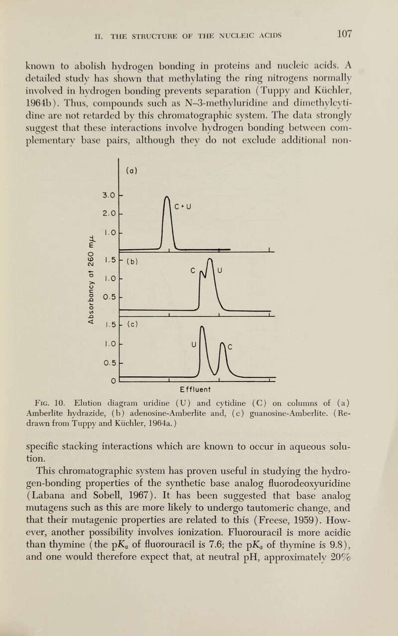п. THE STRUCTURE OF THE NUCLEIC ACIDS 107 known to abolish Inxlrogen bonding in proteins and nucleic acids. A detailed stud\' has shown that niethylating the ring nitrogens normally in\'oK'ed in h\ drogen bondiiig prevents separation (Tuppy and Kiiehler, 1964b). Thus, compounds such as N-3-meth\'luridine and dimethylcyti- dine are not retarded by this chromatographic system. The data strongly suggest that these interactions involve hydrogen bonding between com- plementarv base pairs, although they do not exclude additional non- Effluent Fig. 10. Elution diagram uridine (U) and cytidine (C) on columns of (a) Amberlite hydrazide, (b) adenosine-Amberlite and, (c) guanosine-Amberlite. (Re¬ drawn from Tuppy and Kiiehler, 1964a. ) specific stacking interactions which are known to occur in aqueous solu¬ tion. This chromatographic system has proven useful in studying the hydro¬ gen-bonding properties of the synthetic base analog fluorodeoxyuridine (Labana and Sobell, 1967). It has been suggested that base analog mutagens such as this are more likely to undergo tautomeric change, and that their mutagenic properties are related to this (Freese, 1959). How¬ ever, another possibility involves ionization. Fluorouracil is more acidic than thymine ( the pK^ of fluorouracil is 7.6; the pK^ of thymine is 9.8 ), and one would therefore expect that, at neutral pH, approximated 20%