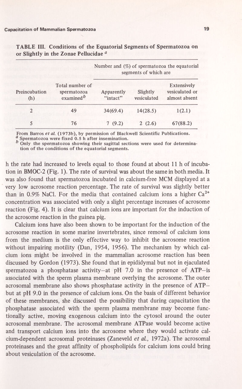 TABLE III. Conditions of the Equatorial Segments of Spermatozoa on or Slightly in the Zonae Pellucidae a Number and (%) of spermatozoa the equatorial segments of which are Total number of Extensively Preincubation spermatozoa Apparently Slightly vesiculated or (h) examined 0 intact vesiculated almost absent 2 49 34(69.4) 14(28.5) 1(2.1) 5 76 7 (9.2) 2 (2.6) 67(88.2) From Barros et al. (1973b), by permission of Blackwell Scientific Publications. a Spermatozoa were fixed 0.5 h after insemination.  Only the spermatozoa showing their sagittal sections were used for determina tion of the conditions of the equatorial segments. h the rate had increased to levels equal to those found at about 11 h of incuba tion in BMOC-2 (Fig. 1). The rate of survival was about the same in both media. It was also found that spermatozoa incubated in calcium-free MCM displayed at a very low acrosome reaction percentage. The rate of survival was slightly better than in 0.9% NaCl. For the media that contained calcium ions a higher Ca 2+ concentration was associated with only a slight percentage increases of acrosome reaction (Fig. 4). It is clear that calcium ions are important for the induction of the acrosome reaction in the guinea pig. Calcium ions have also been shown to be important for the induction of the acrosome reaction in some marine invertebrates, since removal of calcium ions from the medium is the only effective way to inhibit the acrosome reaction without impairing motility (Dan, 1954, 1956). The mechanism by which cal cium ions might be involved in the mammalian acrosome reaction has been discussed by Gordon (1973). She found that in epididymal but not in ejaculated spermatozoa a phosphatase activity—at pH 7.0 in the presence of ATP—is associated with the sperm plasma membrane overlying the acrosome. The outer acrosomal membrane also shows phosphatase activity in the presence of ATP— but at pH 9.0 in the presence of calcium ions. On the basis of different behavior of these membranes, she discussed the possibility that during capacitation the phosphatase associated with the sperm plasma membrane may become func tionally active, moving exogenous calcium into the cytosol around the outer acrosomal membrane. The acrosomal membrane ATPase would become active and transport calcium ions into the acrosome where they would activate cal cium-dependent acrosomal proteinases (Zaneveld et al., 1972a). The acrosomal proteinases and the great affinity of phospholipids for calcium ions could bring about vesiculation of the acrosome.