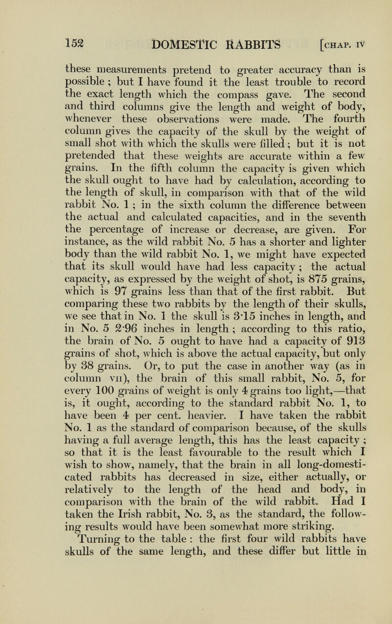 152 DOMESTIC RABBITS [chap, iv these measurements pretend to greater accuracy than is possible ; but I have found it the least trouble to record the exact length which the compass gave. The second and third columns give the length and weight of body, whenever these observations were made. The fourth column gives the capacity of the skull by the weight of small shot with which the skulls were filled ; but it is not pretended that these weights are accurate Avithin a few grains. In the fifth column the capacity is given which the skull ought to have had by calculation, according to the length of skull, in comparison with that of the wild rabbit No. 1 ; in the sixth column the difference between the actual and calculated capacities, and in the seventh the percentage of increase or decrease, are given. For instance, as the wild rabbit No. 5 has a shorter and lighter body than the wild rabbit No. 1, we might have expected that its skull would have had less capacity ; the actual capacity, as expressed by the weight of shot, is 875 grains, which is 97 grains less than that of the first rabbit. But comparing these two rabbits by the length of their skulls, we see that in No. 1 the skull is 3*15 inches in length, and in No. 5 296 inches in length ; according to this ratio, the brain of No. 5 ought to have had a capacity of 913 grains of shot, which is above the actual capacity, but only by 38 grains. Or, to put the case in another way (as in column vii), the brain of this small rabbit, No. 5, for every 100 grains of w^eight is only 4 grains too light,—that is, it ought, according to the standard rabbit No. 1, to have been 4 per cent, heavier. I have taken the rabbit No. 1 as the standard of comparison because, of the skulls having a full average length, this has the least capacity ; so that it is the least favourable to the result which I wish to show, namely, that the brain in all long-domesti¬ cated rabbits has decreased in size, either actually, or relatively to the length of the head and body, in comparison Avith the brain of the wild rabbit. Had I taken the Irish rabbit, No. 3, as the standard, the follow¬ ing results would have been somewhat more striking. Turning to the table : the first four wild rabbits have skulls of the same length, and these differ but little in