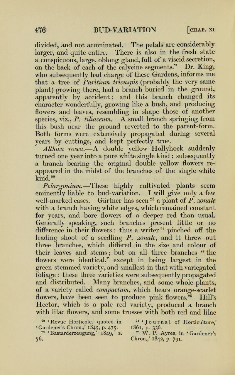 476 BUD-VARIATION [chap, xi divided, and not acuminated. The petals are considerably larger, and quite entire. There is also in the fresh state a conspicuous, large, oblong gland, full of a viscid secretion, on the back of each of the calycine segments. Dr. King, who subsequently had charge of these Gardens, informs me that a tree of Paritium tricmpis (probably the very same plant) growing there, had a branch buried in the ground, apparently by accident ; and this branch changed its character wonderfully, growing like a bush, and producing flowers and leaves, resembling in shape those of another species, viz., P. tiliaceum. A small branch springing from this bush near the ground reverted to the parent-form. Both forms were extensively propagated during several years by cuttings, and kept perfectly true. Althœa rosea.—A double yellow Hollyhock suddenly turned one year into a pure white single kind ; subsequently a branch bearing the original double yellow flowers re¬ appeared in the midst of the branches of the single white kirid.^^ Pelargonium.—These highly cultivated plants seem eminently liable to bud-variation. I will give only a few well-marked cases. Gärtner has seen a plant of P. zonale with a branch having white edges, which remained constant for years, and bore flowers of a deeper red than usual. Generally speaking, such branches present little or no difference in their flowers : thus a writer pinched off* the leading shoot of a seedling P. zonale^ and it threw out three branches, which difi^ered in the size and colour of their leaves and stems ; but on all three branches  the flowers were identical, except in being largest in the green-stemmed variety, and smallest in that with variegated foliage : these three varieties were subsequently propagated and distributed. Many branches, and some whole plants, of a variety called compactum, which bears orange-scarlet flowers, have been seen to produce pink flowers.^® Hill's Hector, which is a pale red variety, produced a branch with lilac flowers, and some trusses with both red and lilac ^ 'Revue Horticole,' quoted in 'Journal of Horticulture/ 'Gardener's Chron.,' 1845, p. 475. 1861, p. 336. ' Bastarderzeugung,' 1849, s. W. P. Ayres, in * Gardener's 76. Chron.,' 1842, p. 791.