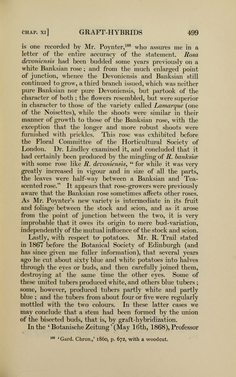 CHAP, xi] GRAFT-HYBRIDS 499 is one recorded by Mr. Poynter,^®® who assures me in a letter of the entire accuracy of the statement. Rosa devoniensis had been budded some years previously on a white Banksian rose ; and from the much enlarged point of junction, whence the Devoniensis and Banksian still continued to grow, a third branch issued, which was neither pure Banksian nor pure Devoniensis, but partook of the character of both ; the flowers resembled, but were superior in character to those of the variety called Larnarque (one of the Noisettes), while the shoots were similar in their manner of growth to those of the Banksian rose, with the exception that the longer and more robust shoots were furnished with prickles. This rose was exhibited before the Floral Committee of the Horticultural Society of London. Dr. Lindley examined it, and concluded that it had certainly been produced by the mingling of R. banksice with some rose like R. devoniensis,  for while it was very greatly increased in vigour and in size of all the parts, the leaves were half-way between a Banksian and Tea- scented rose. It appears that rose-growers were previously aware that the Banksian rose sometimes affects other roses. As Mr. Poynter's new variety is intermediate in its fruit and foliage between the stock and scion, and as it arose from the point of junction between the two, it is very improbable that it owes its origin to mere bud-variation, independently of the mutual influence of the stock and scion. Lastly, with respect to' potatoes. Mr. R. Trail stated in 1867 before the Botanical Society of Edinburgh (and has since given me fuller information), that several years ago he cut about sixty blue and white potatoes into halves through the eyes or buds, and then carefully joined them, destroying at the same time the other eyes. Some of these united tubers produced white, and others blue tubers ; some, however, produced tubers partly white and partly blue ; and the tubers from about four or five were regularly mottled with the two colours. In these latter cases we may conclude that a stem had been formed by the union of the bisected buds, that is, by graft-hybridization. In the ' Botanische Zeitung  (May 16th, 1868), Professor 'Gard. Chron.,' i860, p. 672, with a woodcut.