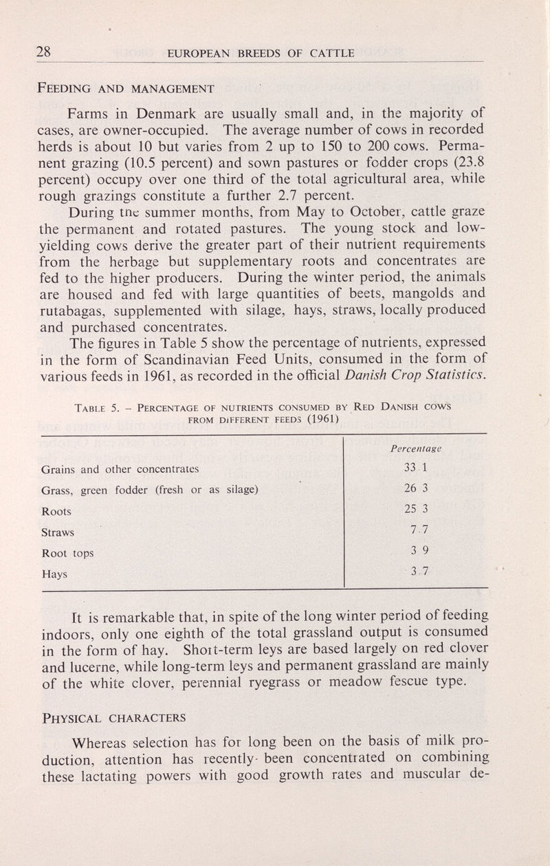 Feeding and management Farms in Denmark are usually small and, in the majority of cases, are owner-occupied. The average number of cows in recorded herds is about 10 but varies from 2 up to 150 to 200 cows. Perma nent grazing (10.5 percent) and sown pastures or fodder crops (23.8 percent) occupy over one third of the total agricultural area, while rough grazings constitute a further 2.7 percent. During tne summer months, from May to October, cattle graze the permanent and rotated pastures. The young stock and low- yielding cows derive the greater part of their nutrient requirements from the herbage but supplementary roots and concentrates are fed to the higher producers. During the winter period, the animals are housed and fed with large quantities of beets, mangolds and rutabagas, supplemented with silage, hays, straws, locally produced and purchased concentrates. The figures in Table 5 show the percentage of nutrients, expressed in the form of Scandinavian Feed Units, consumed in the form of various feeds in 1961, as recorded in the official Danish Crop Statistics. Table 5. - Percentage of nutrients consumed by Red Danish cows from different feeds (1961) Percentage Grains and other concentrates 33 1 Grass, green fodder (fresh or as silage) 26 3 Roots 25 3 Straws 7.7 Root tops 3 9 Hays 37 Tt is remarkable that, in spite of the long winter period of feeding indoors, only one eighth of the total grassland output is consumed in the form of hay. Shoit-term leys are based largely on red clover and lucerne, while long-term leys and permanent grassland are mainly of the white clover, perennial ryegrass or meadow fescue type. Physical characters Whereas selection has for long been on the basis of milk pro duction, attention has recently- been concentrated on combining these lactating powers with good growth rates and muscular de-