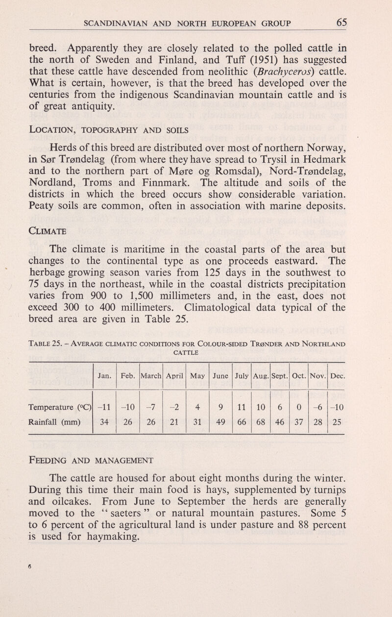 breed. Apparently they are closely related to the polled cattle in the north of Sweden and Finland, and Tuff (1951) has suggested that these cattle have descended from neolithic ( Brachyceros ) cattle. What is certain, however, is that the breed has developed over the centuries from the indigenous Scandinavian mountain cattle and is of great antiquity. Location, topography and soils Herds of this breed are distributed over most of northern Norway, in Sor Trondelag (from where they have spread to Trysil in Hedmark and to the northern part of More og Romsdal), Nord-Trondelag, Nordland, Troms and Finnmark. The altitude and soils of the districts in which the breed occurs show considerable variation. Peaty soils are common, often in association with marine deposits. Climate The climate is maritime in the coastal parts of the area but changes to the continental type as one proceeds eastward. The herbage growing season varies from 125 days in the southwest to 75 days in the northeast, while in the coastal districts precipitation varies from 900 to 1,500 millimeters and, in the east, does not exceed 300 to 400 millimeters. Climatological data typical of the breed area are given in Table 25. Table 25. - Average climatic conditions for Colour-sided Tronder and Northland cattle Jan. Feb. March April May June July Aug. Sept. Oct. Nov. Dec. Temperature (°C) -11 -10 -7 -2 4 9 11 10 6 0 -6 -10 Rainfall (mm) 34 26 26 21 31 49 66 68 46 37 28 25 Feeding and management The cattle are housed for about eight months during the winter. During this time their main food is hays, supplemented by turnips and oilcakes. From June to September the herds are generally moved to the “ saeters ” or natural mountain pastures. Some 5 to 6 percent of the agricultural land is under pasture and 88 percent is used for haymaking.