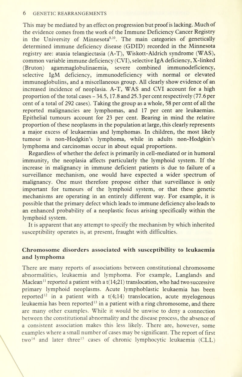 6 GENETIC REARRANGEMENTS This may be mediated by an effect on progression but proof is lacking. Much of the evidence comes from the work of the Immune Deficiency Cancer Registry in the University of Minnesota^''. The main categories of genetically determined immune deficiency disease (GDID) recorded in the Minnesota registry are: ataxia telangiectasia (A-T), Wiskott-Aldrich syndrome (WAS), common variable immune deficiency (CVI), selective IgA deficiency, X-linked (Bruton) agammaglobulinaemia, severe combined immunodeficiency, selective IgM deficiency, immunodeficiency with normal or elevated immunoglobulins, and a miscellaneous group. All clearly show evidence of an increased incidence of neoplasia. A-T, WAS and CVI account for a high proportion of the total cases - 34.5,17.8 and 25.3 per cent respectively (77.6 per cent of a total of 292 cases). Taking the group as a whole, 58 per cent of all the reported malignancies are lymphomas, and 17 per cent are leukaemias. Epithelial tumours account for 23 per cent. Bearing in mind the relative proportion of these neoplasms in the population at large, this clearly represents a major excess of leukaemias and lymphomas. In children, the most likely tumour is non-Hodgkin's lymphoma, while in adults non-Hodgkin's lymphoma and carcinomas occur in about equal proportions. Regardless of whether the defect is primarily in cell-mediated or in humoral immunity, the neoplasia affects particularly the lymphoid system. If the increase in malignancy in immune deficient patients is due to failure of a surveillance mechanism, one would have expected a wider spectrum of malignancy. One must therefore propose either that surveillance is only important for tumours of the lymphoid system, or that these genetic mechanisms are operating in an entirely different way. For example, it is possible that the primary defect which leads to immune deficiency also leads to an enhanced probability of a neoplastic focus arising specifically within the lymphoid system. It is apparent that any attempt to specify the mechanism by which inherited susceptibility operates is, at present, fraught with difficulties. Chromosome disorders associated with susceptibility to leukaemia and lymphoma There are many reports of associations between constitutional chromosome abnormalities, leukaemia and lymphoma. For example, Langlands and Maclean reported a patient with a t(14;21) translocation, who had two successive primary lymphoid neoplasms. Acute lymphoblastic leukaemia has been reported'^ in a patient with a t(4;14) translocation, acute myelogenous leukaemia has been reported'^ in a patient with a ring chromosome, and there are many other examples. While it would be unwise to deny a connection between the constitutional abnormality and the disease process, the absence of a consistent association makes this less likely. There are, however, some examples where a small number of cases may be significant. The report of first two'* and later three'^ cases of chronic lymphocytic leukaemia (CLL)