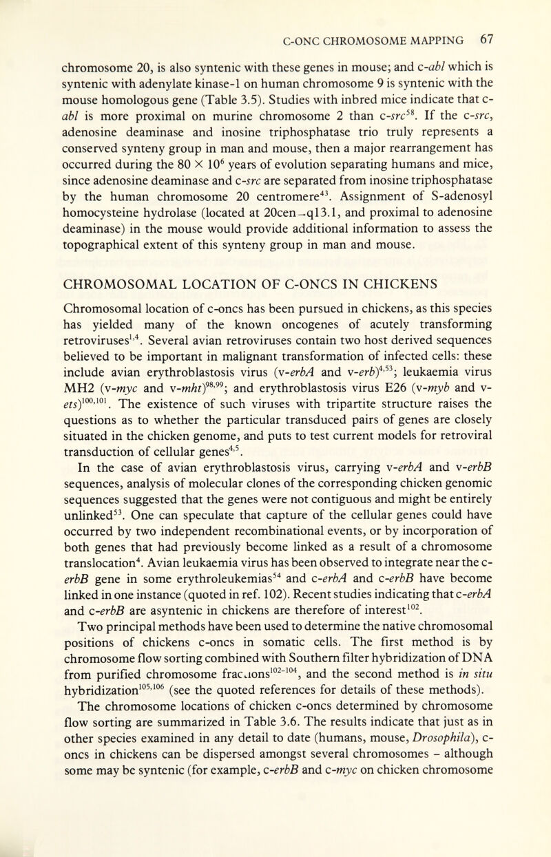 C-ONC CHROMOSOME MAPPING 67 chromosome 20, is also syntenic with these genes in mouse; and c-abl which is syntenic with adenylate kinase-1 on human chromosome 9 is syntenic with the mouse homologous gene (Table 3.5). Studies with inbred mice indicate that c- abl is more proximal on murine chromosome 2 than c-src^^. If the c-src, adenosine deaminase and inosine triphosphatase trio truly represents a conserved synteny group in man and mouse, then a major rearrangement has occurred during the 80 X 10^ years of evolution separating humans and mice, since adenosine deaminase and c-src are separated from inosine triphosphatase by the human chromosome 20 centromere''\ Assignment of S-adenosyl homocysteine hydrolase (located at 20cen-ql3.1, and proximal to adenosine deaminase) in the mouse would provide additional information to assess the topographical extent of this synteny group in man and mouse. CHROMOSOMAL LOCATION OF C-ONCS IN CHICKENS Chromosomal location of c-oncs has been pursued in chickens, as this species has yielded many of the known oncogenes of acutely transforming retroviruses'^. Several avian retroviruses contain two host derived sequences believed to be important in malignant transformation of infected cells: these include avian erythroblastosis virus {v-erbA and v-erbf'^^; leukaemia virus MH2 (y-myc and v-m/гr)^®'^^; and erythroblastosis virus E26 {v-myb and v- The existence of such viruses with tripartite structure raises the questions as to whether the particular transduced pairs of genes are closely situated in the chicken genome, and puts to test current models for retroviral transduction of cellular genes^'^ In the case of avian erythroblastosis virus, carrying v-erbA and v-erbB sequences, analysis of molecular clones of the corresponding chicken genomic sequences suggested that the genes were not contiguous and might be entirely unlinked. One can speculate that capture of the cellular genes could have occurred by two independent recombinational events, or by incorporation of both genes that had previously become linked as a result of a chromosome translocation. Avian leukaemia virus has been observed to integrate near the c- erbB gene in some erythroleukemias^'' and c-erbA and c-erbB have become linked in one instance (quoted in ref. 102). Recent studies indicating that c-erbA and C-erbB are asyntenic in chickens are therefore of interest Two principal methods have been used to determine the native chromosomal positions of chickens c-oncs in somatic cells. The first method is by chromosome flow sorting combined with Southern filter hybridization of DNA from purified chromosome fracdons'^'', and the second method is in situ hybridization'®^'® (see the quoted references for details of these methods). The chromosome locations of chicken c-oncs determined by chromosome flow sorting are summarized in Table 3,6. The results indicate that just as in other species examined in any detail to date (humans, mouse, Drosophila), c- oncs in chickens can be dispersed amongst several chromosomes - although some may be syntenic (for example, c-erbB and c-myc on chicken chromosome