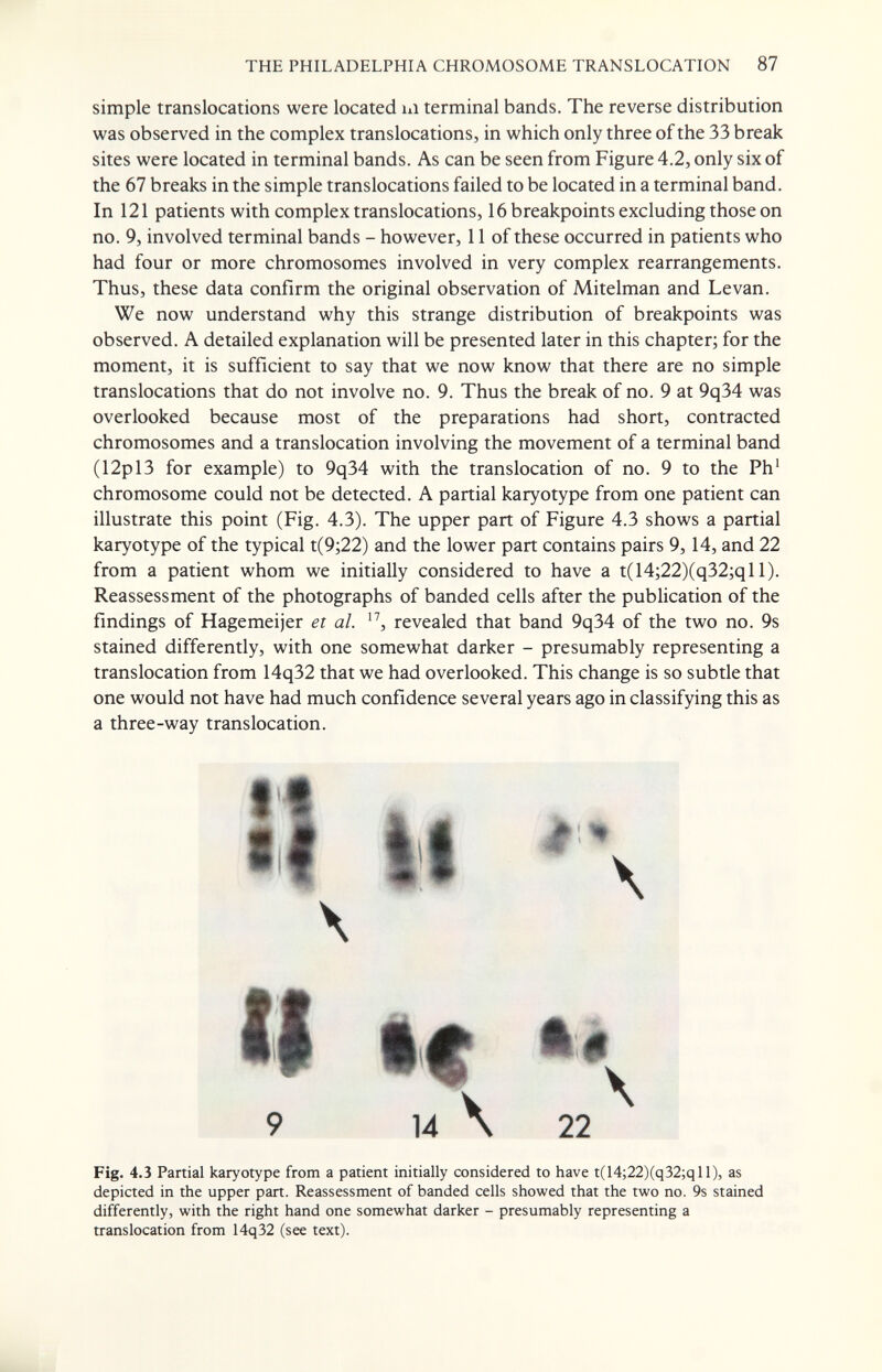 THE PHILADELPHIA CHROMOSOME TRANSLOCATION 87 simple translocations were located ui terminal bands. The reverse distribution was observed in the complex translocations, in which only three of the 33 break sites were located in terminal bands. As can be seen from Figure 4.2, only six of the 67 breaks in the simple translocations failed to be located in a terminal band. In 121 patients with complex translocations, 16 breakpoints excluding those on no. 9, involved terminal bands - however, 11 of these occurred in patients who had four or more chromosomes involved in very complex rearrangements. Thus, these data confirm the original observation of Mitelman and Levan. We now understand why this strange distribution of breakpoints was observed. A detailed explanation will be presented later in this chapter; for the moment, it is sufficient to say that we now know that there are no simple translocations that do not involve no. 9. Thus the break of no. 9 at 9q34 was overlooked because most of the preparations had short, contracted chromosomes and a translocation involving the movement of a terminal band (12pl3 for example) to 9q34 with the translocation of no. 9 to the Ph' chromosome could not be detected. A partial karyotype from one patient can illustrate this point (Fig. 4.3). The upper part of Figure 4.3 shows a partial karyotype of the typical t(9;22) and the lower part contains pairs 9,14, and 22 from a patient whom we initially considered to have a t(14;22)(q32;ql 1). Reassessment of the photographs of banded cells after the publication of the findings of Hagemeijer et al. revealed that band 9q34 of the two no. 9s stained differently, with one somewhat darker - presumably representing a translocation from 14q32 that we had overlooked. This change is so subtle that one would not have had much confidence several years ago in classifying this as a three-way translocation. Fig. 4.3 Partial karyotype from a patient initially considered to have t(14;22)(q32;qll), as depicted in the upper part. Reassessment of banded cells showed that the two no. 9s stained differently, with the right hand one somewhat darker - presumably representing a translocation from 14q32 (see text).