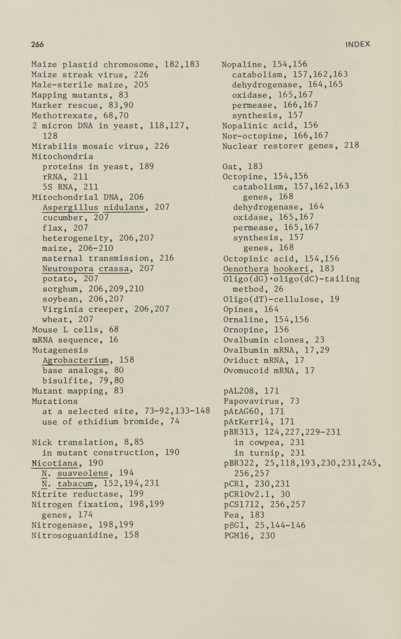 Maize plastid chromosome, 182,183 Maize streak virus, 226 Male-sterile maize, 205 Mapping mutants, 83 Marker rescue, 83,90 Methotrexate, 68,70 2 micron DNA in yeast, 118,127, 128 Mirabilis mosaic virus, 226 Mitochondria proteins in yeast, 189 rRNA, 211 5S RNA, 211 Mitochondrial DNA, 206 Aspergillus nidulans , 207 cucumber, 207 flax, 207 heterogeneity, 206,207 maize, 206-210 maternal transmission, 216 Neurospora crassa , 207 potato, 207 sorghum, 206,209,210 soybean, 206,207 Virginia creeper, 206,207 wheat, 207 Mouse L cells, 68 mRNA sequence, 16 Mutagenesis Agrobacterium , 158 base analogs, 80 bisulfite, 79,80 Mutant mapping, 83 Mutations at a selected site, 73-92,133-148 use of ethidium bromide, 74 Nick translation, 8,85 in mutant construction, 190 Nicotiana , 190 N_. suaveolens , 194 N. tabacum , 152,194,231 Nitrite reductase, 199 Nitrogen fixation, 198,199 genes, 174 Nitrogenase, 198,199 Nitrosoguanidine, 158 Nopaline, 154,156 catabolism, 157,162,163 dehydrogenase, 164,165 oxidase, 165,167 permease, 166,167 synthesis, 157 Nopalinic acid, 156 Nor-octopine, 166,167 Nuclear restorer genes, 218 Oat, 183 Octopine, 154,156 catabolism, 157,162,163 genes, 168 dehydrogenase, 164 oxidase, 165,167 permease, 165,167 synthesis, 157 genes, 168 Octopinic acid, 154,156 Oenothera hookeri , 183 Oligo(dG)*oligo(dC)-tailing method, 26 01igo(dT)-cellulose, 19 Opines, 164 Ornaline, 154,156 Ornopine, 156 Ovalbumin clones, 23 Ovalbumin mRNA, 17,29 Oviduct mRNA, 17 Ovomucoid mRNA, 17 pAL208, 171 Papovavirus, 73 pAtAG60, 171 pAtKerrl4, 171 pBR313, 124,227,229-231 in cowpea, 231 in turnip, 231 pBR322, 25,118,193,230,231,245, 256,257 pCRl, 230,231 pCR10v2.1, 30 pCS1712, 256,257 Pea, 183 p(3Gl, 25,144-146 PGM16, 230