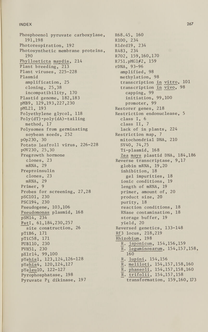 Phosphoenol pyruvate carboxylase, 191,198 Photorespiration, 192 Photosynthetic membrane proteins, 190 Phyllosticta maydis , 214 Plant breeding, 213 Plant viruses, 225-228 Plasmid amplification, 25 cloning, 25,38 incompatibility, 170 Plastid genome, 182,183 pMB9, 129,193,227,230 pML21, 193 Polyethylene glycol, 118 Poly(dT)*poly(dA)-tailing method, 17 Polysomes from germinating soybean seeds, 252 p0p230, 30 Potato leafroll virus, 226-228 p0V230, 25,30 Pregrowth hormone clones, 23 mRNA, 29 Preproinsulin clones, 23 mRNA, 29 Primer, 9 Probes for screening, 27,28 pSClOl, 230 PSC194, 230 Pseudogene, 103,106 Pseudomonas plasmid, 168 pSM14, 234 Pst I, 61,184,230,257 site construction, 26 pTiB6, 171 pTiC58, 171 PUB110, 230 PVH51, 230 pXlrl4, 99,100 pY ehis l, 123,124,126-128 pY ehis 4, 120,124,127 pY eleu lO, 122-127 Pyrophosphatase, 198 Pyruvate Pi dikinase, 197 R68.45, 160 R100, 234 Rldrdl9, 234 R483, 234 R702, 159,160,170 R751.pMG1^2, 159 rDNA, 93-96 amplified, 98 méthylation, 98 transcription iui vitro , 101 transcription in vivo , 98 capping, 99 initiation, 99,100 promoter, 99 Restorer genes, 218 Restriction endonuclease, 5 class I, 6 class II, 7 lack of in plants, 224 Restriction map, 7 mitochondrial DNA, 210 SV40, 74,75 Ti-plasmid, 168 Zea mays plastid DNA, 184,186 Reverse transcriptase, 9,17 globin mRNA, 19,20 inhibition, 18 gel impurities, 18 ionic conditions, 19 length of mRNA, 19 primer, amount of, 20 product size, 20 purity, 18 reaction conditions, 18 RNase contamination, 18 storage buffer, 19 yield, 20 Reversed genetics, 133-148 Rf3 locus, 218,219 Rhizobium , 198 R. japonicum , 154,156,159 R. leguminosarum , 154,157,158, 160 R. lupini , 154,156 R. meliloti , 154,157,158,160 R.. phaseoli , 154,157,158,160 R. trifolii , 154,157,158 transformation, 159,160,173