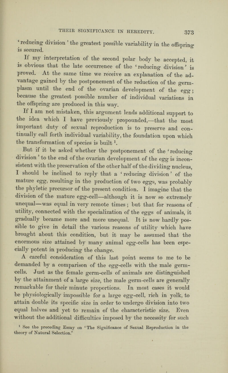 ‘ reducing division ’ the greatest possible variability in the offspring is secured. If my interpretation of the second polar body be accepted, it is obvious that the late occurrence of the ‘reducing division 5 is proved. At the same time we receive an explanation of the ad vantage gained by the postponement of the reduction of the germ- plasm until the end of the ovarian development of the egg; because the greatest possible number of individual variations in the offspring are produced in this way. If I am not mistaken, this argument lends additional support to the idea which I have previously propounded,—that the most important duty of sexual reproduction is to preserve and con tinually call forth individual variability, the foundation upon which the transformation of species is built b But if it be asked whether the postponement of the ‘reducing division 5 to the end of the ovarian development of the egg is incon sistent with the preservation of the other half of the dividing nucleus, I should be inclined to reply that a ‘ reducing division ’ of the mature egg, resulting in the production of two eggs, was probably the phyletic precursor of the present condition. I imagine that the division of the mature egg-cell—although it is now so extremely unequal—was equal in very remote times; but that for reasons of utility, connected with the specialization of the eggs of animals, it gradually became more and more unequal. It is now hardly pos sible to give in detail the various reasons of utility which have brought about this condition, but it may be assumed that the enormous size attained by many animal egg-cells has been espe cially potent in producing the change. A careful consideration of this last point seems to me to be demanded by a comparison of the egg-cells with the male germ- cells. Just as the female germ-cells of animals are distinguished by the attainment of a large size, the male germ-cells are generally remarkable for their minute proportions. In most cases it would be physiologically impossible for a large egg-cell, rich in yolk, to attain double its specific size in order to undergo division into two equal halves and yet to remain of the characteristic size. Even without the additional difficulties imposed by the necessity for such 1 See the preceding Essay on ‘ The Significance of Sexual Reproduction in the theory of Natural Selection/