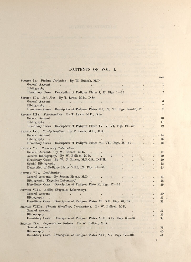 яр vif' CONTENTS OF VOL. 1. FAOE Section I a. Diabetes Insipidus. By W. Bulloch, M.D. . . General Account . , . . . . . . . .1 Bibliography ........... 1 Hereditary Cases. Description of Pedigree Plates I, II, Figs. 1—13 ... 2 Section II a. Split-Foot. By T. Lewis, M.D., D.Sc. General Account . . ... . . . . . . 6 Bibliography ........... 7 Hereditary Oases. Description of Pedigree Plates III, IV, VI, Figs. 14—18, 37 . . 7 Section III a. Polydactylism. By T. Lewis, M.D., D.Sc. General Account . . . . . ... . ,10 Bibliography . . . . . . . . . . .11 Hereditary Cases. Description of Pedigree Plates IV, V, VI, Pigs. 19—36 . . 12 Section IVa. Brachydactylism. By T. Lewis, M.D., D.Sc. General Account . . . . . . . . . , . - 14 Bibliography ........... 16 Hereditary Cases. Description of Pedigree Plates VI, VII, Pigs. 38—41 . . . 15 Section V a. Pulmonary Tuberculosis. General Account. By W. Bulloch, M.D. ....... 17 General Bibliography. By W. Bulloch, M.D. . . . . : . . 20 Hereditary Cases. By W. 0. Rivers, M.R.C.S., D.P.H. . . % . 20 Special Bibliography . . . . . . . ■ . . .22 Description of Pedigree Plates VIII, IX, Pigs. 42—56 . . . . . 23 Section VI a. Deaf-Mutisin. General Account. By Jobson Home, M.D. . . . . . . .27 Bibliography (Eugenics Laboratory) ........ 28 Hereditary Cases. Description of Pedigree Plate X, Pigs. 57—63 . . . .29 Section VII a. Ability (Eugenics Laboratory). General Account . . . . . . . . . . 30 Bibliography . . . . . . ... . 31 . Hereditary Cases. Description of Pedigree Plates XI, XII, Pigs. 64, 65 . . . 31 Section VIII a. Ghronio Hereditmry Trophoedema. By W. Bulloch, M.D. General Account .......... 32 Bibliography ........... 33 Hereditary Cases. Description of Pedigree Plates XIII, XIV, Pigs. 66—76 . . 34 Section IX a. Angioneurotic Oedema. By W. Bulloch, M.D. General Account . . . . . . . . . ■ . 38 Bibliography . . . . ... . . . . . 40 Hereditary Cases. Description of Pedigree Plates XIV, XV, Pigs. 77—104 . . 41 Ъ