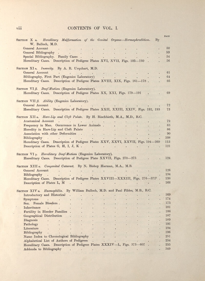 vili CONTENTS OF VOL. 1. PAGE Section X ou Hereditary Malfprmation of the Oenital Orgcms—Hermaphroditism. By W. Bulloch, M.D. General Account ......... 50 General Bibliography . . . . . . . . . .53 Special Bibliography. Family Cases . . . . . . . .54 Hereditary Gases. Description of Pedigree Plates XVI, XVII, Figs. 105—160 . . 56 Section XI a. Insanity. By A. R. Urquhart, M.D. General Account . . , . . . . . . .61 Bibliography, First Part (Eugenics Laboratory) ...... 64 Hereditary Cases. Description of Pedigree Plates XVIII, XIX, Figs. Ifil—178 . . 66 Section VI ß. Deaf-Mutism (Eugenics Laboratory). Hereditary Cases. Description of Pedigree Plates XX, XXI, Figs. 179—191 . . 69 Section VII ß. Ability (Eugenics Laboratory). General Account . . . . . . . . . . .72 Hereditary Cases. Description of Pedigree Plates XXII, XXIII, XXIV, Figs. 192, 193 73 Section XII a. Ha/re-Lip and Cleft Palate. By H. Rischbieth, M.A., M.D., B.O. Anatomical Account . . . . . . . . . .79 Frequency in Man. Occurrence in Lower Animals . . . . . . 83 Heredity in Hare-Lip and Cleft Palate . . . . . . 86 Association with other Deformities ........ 90 Bibliography ........... 108 Hereditary Oases. Description of Pedigree Plates XXV, XXVI, XXVII, Figs. 194—269 113 Description of Plates G, H, I, J, К . . . . . . . .121 Section VI y. Hereditary Deaf-MuUsm (Eugenics Laboratory). Hereditary Cases. Description of Pedigree Plate XXVII, Pigs. 270—275 . . 124 Section XIII a. Congenital Catwraet. By N. Bishop Harman, M.A., M.B. . General Account . . . . . . . - . . 126 Bibliography ........... 134 Hereditary Cases. Description of Pedigree Plates XXVIII—XXXIII, Pigs. 276—372'> . 138 Description of Plates L, M . . . . . . . . .166 Section XIV a. Haemophilia. By William Bulloch, M.D. and Paul Fildes, M.B., B.C. Introductory and Historical . . . . . . . . .169 Symptoms . . . . . . . . . . .174 Sex. Female Bleeders . . . ., . ^ 175 Inheritance . . . . . . ^ . , • . , ■ ■ 181 Fertility in Bleeder Families . . . . . . . . . 186 Geographical Distribution . . . . . . . . . . . 187 Diagnosis . . ... . ' . . . . .189 Pathology . . . . ' . . . ■ -, • 191 Literature . . . . . . ... 194 Bibliography . . . . . . . ■ 196 Name Index to Chronological Bibliography . . . . . . 251 Alphabetical List of Authors of Pedigrees . . . . . ... 254 Hereditary Oases. Description of Pedigree Plates XXXIV—L, Figs. 373—607 . . 255 Addenda to Bibliography . . . . . . . . . 349