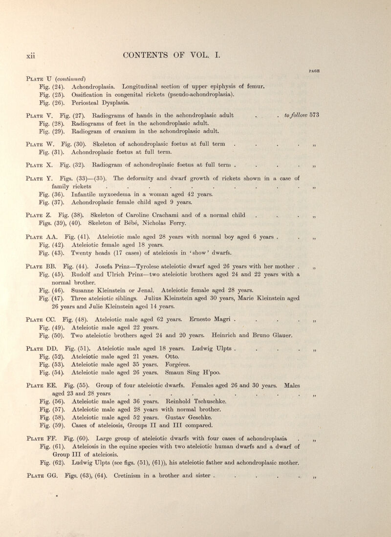Xll CONTENTS OF VOL. I. page Plate U (continued) Pig. (24). Achondroplasia. Longitudinal section of upper epiphysis of femur. Fig. (25). Ossification in congenital rickets (pseudo-achondroplasia). Kg. (26). Periosteal Dysplasia. Plate V. Pig. (27). Badiograms of hands in the achondroplasic adult . to follow 573 Pig. (28). Radiograms of feet in the achondroplasic adult. ' Pig. (29). Radiogram of cranium in the achondroplasic adult. Plate W. Pig. (30). Skeleton of achondroplasic foetus at full term . . . . „ Fig. (31). Achondroplasic foetus at full term. Plate X. Pig. (32). Radiogram of achondroplasic foetus at full term . . . . „ Plate Y. Figs. (33)—(35). The deformity and dwarf growth of rickets shown in a case of family rickets ........... Fig. (36). Infantile myxoedema in a woman aged 42 years. Pig. (37). Achondroplasic female child aged 9 years. Plate Z. Pig. (38). Skeleton of Caroline Crachami and of a normal child . . . „ Pigs. (39), (40). Skeleton of Bébé, Nicholas Ferry. Plate AA. Pig. (41). Ateleiotic male aged 28 years with normal boy aged 6 years . . „ Pig. (42). Ateleiotic female aged 18 years. Fig. (43). Twenty heads (17 cases) of ateleiosis in 'show' dwarfs. Plate BB. Pig. (44). Josefa Prinz—Tyrolese ateleiotic dwarf aged 26 years with her mother . „ Pig. (45). Rudolf and Ulrich Prinz—two ateleiotic brothers aged 24 and 22 years with a normal brother. Fig. (46). Susanne Kleinstein or Jenal. Ateleiotic female aged 28 years. Fig. (47). Three ateleiotic siblings. Julius Kleinstein aged 30 years, Marie Kleinstein aged 26 years and Julie Kleinstein aged 14 years. Plate CO. Fig. (48). Ateleiotic male aged 62 years. Ernesto Magri . . . ■ „ Fig. (49). Ateleiotic male aged 22 years. Fig. (50). Two ateleiotic brothers aged 24 and 20 years. Heinrich and Bruno Glauer. Plate DD. Pig. (51). Ateleiotic male aged 18 years. Ludwig Ulpts . . . . „ Fig. (52). Ateleiotic male aged 21 years. Otto. Fig. (53). Ateleiotic male aged 35 years. Forgéres. Pig. (54). Ateleiotic male aged 26 years. Smaun Sing H'poo. Plate EE. Pig. (55). Group of four ateleiotic dwarfs. Females aged 26 and 30 years. Males aged 23 and 28 years . . . . . . . . • „ Pig. (56). Ateleiotic male aged 36 years. Reinhold Tschuschke. Fig. (57). Ateleiotic male aged 28 years with normal brother. Pig. (58). Ateleiotic male aged 52 years. Gustav Geschke. Pig. (59). Oases of ateleiosis. Groups II and III compared. Plate FF. Pig. (60). Large group of ateleiotic dwarfs with four cases of achondroplasia . „ Fig. (61). Ateleiosis in the equine species with two ateleiotic human dwarfs and a dwarf of Group III of ateleiosis. Pig. (62). Ludwig Ulpts (see figs. (51), (61)), his ateleiotic father and achondroplasic mother. Plate GG. Pigs. (63), (64). Cretinism in a brother and sister