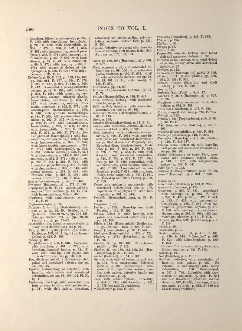 580 INDEX TO VOL. I dwarfism, idiocy, microcephaly, p. 534, F. 785; with convulsions, hemiplegia, p. 298, F. 438; with haemophUia, p. 308, F. 474, p. 320, F. 512, p. 335, F. 567 ; with haemophilia, general para¬ lysis, p. 308, F. 474; with haemophilia, rheumatism, p. 338, F. 580; with heart disease, p. 37, F. 73; with imbecility, p. 69, F. 172; with insanity, p. 69, F. 178; with congenital defect of iris, nystagmus, p. 536, F. 791 ; with troph- oedema, p. 35, F. 66. Epistaxis, p. 49, F. 103, pp. 173,174,180, pp. 262, 264, F. 377, p. 264, F. 378, . p. 298, F. 437, p. 299, F. 440, p. 300, F. 442. Associated with angioneurotic oedema, p. 48, F. 103; with arthritis, p. 292, F. 426; with bronchitis, con-  junctivitis, eczema, enlarged glands, haemophilia, otorrhoea, p. 263, F. 377 ; with bronchitis, naevus, otitis media, otorrhoea, p. 262, F. 377; with consumption, haemorrhoids, p. 299, F. 440; with synovitis, haemorrhage, p. 344, F. 603 ; with eczema, otorrhoea, ulcers, p. 262, F. 377; with enteritis, p. 298, F. 437; with haemarthrosis, haemophilia, p. 265, F. 380, F. 388 ; yith haemophilia, p. 261, F. 376, p. 263, F. 377, p. 266, F. 379 &c. (see Pedigrees of Haemophilia) ; with hae¬ mophilia, varicose veins, p. 258, F, 373; with haemorrhoids, p. 342, F. 595 ; with, heart trouble, pneumonia, p. 262, F. 377; with hydrocephaly, p. 342, , F. 597; with leukaemia, p. 328, F. 537; with menorrhagia, p. 345, F. 605 ; with neurosis, p. 262, F. 377; with phthisis, ' p. 299, F. 441, p. 324, F. 524; with rheumatic polyarthritis, p. 342, F. 595 ; with rheumatism, p. 329, F. 543; with 1 spinal disease, p. 297, F. 435; with varicose veins, p. 298, F. 439 ; with venous murmur, p. 343, F. 601. Epithelioma of tongue, p, 146, F. 345®. Erdmann (Haemophilia), p. 277, F. 396. Erysipelas, p. 24, F. 44. Associated with angioneurotic oedema, p. 49, F. 103; with haemophilia, p. 305, F. 465. Erythema, with angioneurotic oedema, p. 44, F. 86. Erythromelalgia, p. 39, Eugenics Laboratory (Deaf-Mutism), Sec¬ tion VI. a, pp. 28, 29. Section vi. ß, pp. 69-72. Section vi. y, pp. 124-126. (Ability) Section vn. o, pp. 30-32. Section vn. ß, pp. 72-79. Eustachian tube, defective, associated with many other deformities; see p. 99. Eve, pp. 180,181,182 ; (Hare-Lip and Cleft Palate), p. 123, PI. J, fig. 17; (Haemo¬ philia), p. 278, F. 399. Ewing, p. 195. Exophthalmos, p. 488, F. 646. Associated with dwarfism, p. 531, ,F. 7.78; with dwarfism, inguinal hemia, p. 524, F. 753; with hare-lip, cleft palate and other deformities ; see pp. 90, 103. Eye, displacement of, with hare-lip, cleft palate and associated defects; see pp. 93, 103, 107. Eyeball, rudimentary or defective, with hare-lip, cleft palate and associated deformities, see pp. 94, 103,104, PI-, H, fig. 4. Eyebrows, Lacking, with associated, de¬ fects of eyes, hare-lip, cleft palate <&c., p. 94; with cleft palate, dwarfism, ectrodactylism, defective lips, polydac- tvlism, scoliosis, webbed toes, p. 523, F. 750. Eyelids, defective or absent with associa¬ tion of hare-lip, cleft palate, facial cleft &c.; see pp. 102, 103, 104. Faber, pp. 188,195 ; (Haemophilia), p. 340, F. 587. Face, asymmetry of, with associated de¬ fects; see pp. 99, 100; with achondro¬ plasia, deafness, p. 490, F. 655. Cleft of, with associated defects; see pp. 93, 94, 95, 101, PI. H; with hare-lip, p. 118, F. 231. Fahrenbach, pp. 84, 90. Falcone (Angioneurotic Oedema), p. 42, F. 78. Faludi (Haemophilia), p. 290, F. 422. Falx cerebelli, lacking, with associated defects, see p. 95. Falx cerebri, defective, with associated abnormalities, see pp. 95, 102. Fancourt Barnes (Hermaphroditism), p. 57, F. 118. Fano, p. 195. Fardbee (Brachydactylism), p. 17, F. 41. Favus, with ateleiosis, eczema, defective hands and feet, p. 508, F. 706. Feet, defective, with ateleiosis, eczema, favus, p. 508, F. 706; with hare-lip, cleft palate and associated deformities ; see pp. 97-106 (see also Polydactylism, Ectrodactylism, Syndactylism). Club¬ foot, p. 482, F. 630, p. 496, F. 678, p. 526, F. 762, p. 543, F. 819; with dwarfism and associated deformities, p. 524, F. 750, p. 531, F. 777. Flat feet, p. 488, F. 646; congenital, with achondroplasia, genu valgum, vulvitis, p. 493, F. 666. Associated with achon¬ droplasia, p. 496, F. 677 ; with dwarfism, idiocy, testes atrophied, p. 548, F. 831. Fein (Hare-Lip and Cleft Palate), p. 120, F. 268. Femur, one lacking in monstrosity with associated deformities; see p. 100. Separation of epiphyses of, with hae¬ mophilia, p. 301, F. 448. Fenoglio (Hermaphroditism), p. 56, F. 112. Fergusson, p. 87. Ferrier, p. 369; (Hare-Lip and Cleft Palate), p. 114, F. 199. Fibula, defect of, with hare-lip, cleft palate and associated deformities; see pp. 97, 105. Fildes,^. 182; (Haemophilia),Sectionxiv. a, pp. 169-354. Case, p. 293, F. 427. Finger (Haemophilia), p. 337, F. 578. Finlayson (Haemophilia), p. 323, F. 522. Fischer, p. 371; (Dwarfism), p. 540, F. 809. Fischer, pp. 180, 181, 182; (Haemo¬ philia), p. 288, F. 416. Fischer, M., pp. 180, 181,182,185; (Hae¬ mophilia), p. 291, F. 426. Fisher (Cataract), p. 154, F. 320. Fistula, with cleft of lower lip and jaw, p. 104; with macrostoma, deformed auricles, p. 98. Eecto-vesical, asso¬ ciated with imperforate rectum, hare¬ lip, cleft palate, defective hands and forearms &c., p. 93. Fits, with achondroplasia, imbecility, p. 484, F. 632; with dwarfism, p. 531, F. 779 (see also Convulsions), p. 295, F. 428. №míniní7 (Dwarfism), p. 540, F, 832-, Fletcher, p. 195. Florian, p. 33. Flügge, p. 18. Follin, p. 86. Fontanelles palpable, lacking, with facial cleft and associated defects^ p. 103. Foramen ovale, lacking, with total defect of palate, micrognathia and associated defects, p. 99. Fordyce, p. 173. Forselles, а/(Haemophilia), p.342, F. 596. Förster, p. 11; (Haemophilia), pp. 330, 331, F. 549, F. 550. Forster, Cooper (Hare-Lip and Cleft Palate), p. 117, F. 222. Fort, p. 15. Fotherby (Split-Foot), p. 9, F. 17. J^owrmer, p. 369 ; (Haemophilia), p. 327, F. 534. Fragilitas ossium, congenital, with alco¬ holism, p. 532, F. 781. Franchini (Dwarfism), p. 497, F. 682. Frank, Luigi (Dwarfism), p. 523, F. 747. Frankel, p. 195. French,'g.b^\ (Trophoedema), p. 34,F. 66, p. 32, PI. E. Fritz (Angioneurotic Oedema), p. 46, F. 102. Froelich (Haemophilia), p. 339, F. 584. Fromaget (Cataract), p. 140, F. 290. Fronhofer (Hare-Lip and Cleft Palate), p. 1Ì9, F. 243-247. Frontal bones, defect of, with hare-lip, cleft palate and associated deformities ; see pp. 102, 103. Fuchs' Colobomata of Optic Disc, asso¬ ciated with cataract, ridged teeth, p. 143, F. 307 ; with astigmatism, rickets, p. 157, F. 341. Fuld-Spiro, p. 193. Fulgoso (Hermaphroditism), p. 58, F. 139. Fussell (Haemophilia), p. 334, F. 566. Galen, p. 19. Galezowski (Cataract), p. 138, F. 280. Gamaliel, Simon ben, p. 174. Gangrene, p. 266, F. 381. Associated with haemophilia, p. 287, F. 410, p. 290, F. 422, p. 291, F. 423, F. 424, p. 295, F. 431; with haemophilia, hemiplegia, p. 266, F. 382; with hae¬ mophilia, pneumonia, scybala, p. 270, F. 389 ; with haemophilia, pneumonia, rheumatism, p. 286, F. 409; with hae¬ morrhage, pleurisy, p. 317, F. 503. Gamier, pp. 357, 359 ; (Dwarfism), p. 512, F. 719. Garré, p. 50. Gassmann, p. 21. Gastric, ulcer, p. 181, p. 310, F. 481, p. 336, F. 574. '«Trouble, p. 495, F. 671; with achondroplasia, p. 480, F. 623. Gâtisme,'' with convulsions, dwarfism, idiocy, onanism, p. 539, F. 803. Gavoy, p. 191. Gee (Diabetes), p. 6, F. 13. Genitals, defective, with association of hare-lip, cleft palate, p. 107. No external, in monstrosity with many deformities, p. 100. Undeveloped, p. 537, F. 794. Infantile, with asso¬ ciation of ateleiosis, p. 504, F. 694 (see also Dwarfism) ; dwarfism, mental defect, p. 547, F. 829 ; dwarfism, idiocy, - pes varusj phthisis, p. 548, F. 830 (sèe also Hermaphroditism).