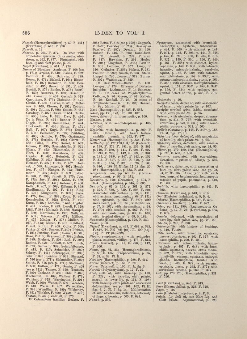 586 INDEX TO VOL. I. Naegele (Hermaphroditism), p. 59, F. 141; (Dwarfism), p. 513, F. 726. Naegeli, p. 19. Naevus, p. 263, F. 377. On knee, with bronchitis, epistaxis, otitis media, otor- rhoea, p. 262, F. 377. Pigmented, with hare-lip and cleft palate, p. 90. Nagel (Dwarfism), p. 514, F. 728. Names of Bleeders—Appleton, F. 408 (see p. 171); Argent, F. 540; Babes, F. 562; Bachilor, F. 408; Baldwin, F. 398; Béron, F. 474; Bickell, F. 464; Bieten¬ holz, F. 407; Bormann, F. 508; Bow- ditch, F. 495; Brown, F. 391, F. 408; Buchli, F. 373; Bueler, F. 373; Burril, F. 450; Burrows, F. 468; Busch, F. 418; Cameron, F. 465 ; Carisch,F. 373; Carruthers, F. 475; Christian, F. 421; Chubb, F. 450; Clarke, F. 570; Clithe- row, F. 468; Clowes, F. 391; Cobum, F. 408; Collins, F. 398; Coutts, F. 461; Cowdrey, F. 497 ; Crewe,F. 554; Curtis, F. 500; Dale, F. 391; Day, F. 466; De la Pena, F. 424 ; Denner, F. 542 ; Diggle, F. 594; Domínguez, F. 424; Duckworth, F. 460; Eaton, F. 451; Egli, F. 407; Engi, F. 373; Exner, F. 508; Feltscher, F. 373; Frühling, F. 400; Gramble, F. 579; Gartmann, F. 373; Gericke, F. 423; Giertz, F. 588; Giles, F. 473; Goiret, F. 537; Gomm, F. 495; Greenshields, F. 521; Haase, F. 423 ; Hämmerle, F. 401 ; Hart, F. 408; Hartshorn, F. 408; Haydon, F. 495; Heinrich, F. 401; Helbling, F. 401; Herzmann, F. 418; Heusser, F. 407 ; Hicks, F. 467 ; Hoet- zel, F. 508 ; Honegger, F. 407 ; Hough¬ ton, F. 497; Hunger, F. 373; Hurli¬ mann, F. 407; Jäger, F. 389; Jakob, F. 380, F. 396; Janett, F. 375; Joos, F. 373; Joy, F. 394; Kahn, F. 562; Kamphausen, F. 441; Kebener, F. 400; Keller, F. 407, F. 508 ; Kilburn, F. 398; Kindlimann, F. 407, F. 414; King, F. 495 ; Klingmann, F. 389 ; Knox, F. 475; Koch, F. 389; Kopp, F. 401; Kosselowitz, F. 562; Krick, F. 491; Kunz, F. 407; Laroche, F. 546 ; Ligibel, F. 401 ; Loeben, F. 423; Loosli, F. 378; Lüdi,F.388; Maibach, F. 388; Mampel, F. 389 ; Marcham, F. 497 ; Mellgren, F. 507 ; Mérieux, F. 474 ; Millwee, F. 475; Minder, F. 378; Müller, F. 407, F. 413; Muser, F. 401; Neidhart, F. 483; Norton, F. 408; Opitz, F. 508; Parker, F. 408; Pearce, F. 540; Pfeiffer, F. 423 ; Putzing, F. 508 ; Rainer, F. 601 ; Bave, F. 510; Raymond, F. 388; Rehm, F. 389; Richert, F. 508; Riel, F. 508; Robins, F. 470; Rohloff, F. 562; Buch, F. 378; Sauter, F. 389; Schaufelberger, F. 413, F. 415; Schneider, F. 389; Schrey, F. 441; Schweppler, F. 389; Sehr, F. 393 ; Seidner, F. 531 ; Shepard, F. 516 (see p. 171) ; Sickmüller, F. 389; Smith, F. 516 (see p. 171) ; Stockmar, F. 508; Sutton, F. 471; Swain, F. 408 (seep. 171); Tanner, F. 378; Teutsch, F. 389; Tschanz,F. 380; Uhle, F. 469; Wachsmuth, F. 409; Wallace, F. 473; Walther, F. 373; Warrington, F. 391; Webb, F. 500; Weber, F. 509; Weedon, F. 540; Weiss, F. 407; Weizenäker, F. 393; Wendling, F. 389; Wibberley, F. 391 ; Winkler, F. 508 ; Wyatt, F. 475 ; Yeaton, F. 538; Zadriell, F. 373. Of Cataractous families—Becker, F. 306 ; Betts, F. 318 (see p. 128) ; Coppock, F. 345®' ; Dearsley, F. 287 ; Deasley or Darsley, F. 287; Decamp, F. 360; Dobson, F. 316, F. 323; Donaldson, F. 321; Everett, F. 289; Forman, F. 347; Hawkins, F. 294; Horley, F. 304; Kingshott, F. 346; Lantlin, F. 361 ; Lechner, F. 357 ; Löwy, F. 310; Orthaber, F. 356; Pickett, F. 281 ; Poulton, F. 299 ; Smith, F. 303; Steitz- Heppel, F. 296; Tomes, F. 319; Turner, F. 307 ; Wattieaux, F. 359. Of Deaf-Mutes—Brown, F. 180 ; Lovejoy, F. 179. Of cases of Diabetes insipidus—Lachmann, F. 1; Schwarz, F. 1. Of cases of Polydactylism— Colburn, F. 26 ; Green, F. 26 ; Kalleia, F. 28; Kendall, F. 26. Of cases of Trophoedema—Gehl, F. 69 ; Hansen, F. 69; Mandt, F. 69. Nash (Haemophilia), p. 335, F. 567. Nasse, pp. 171, 173, 176, 181, 187. Nates, defect of, in monstrosity, p. 100. Nathan, p. 381. Necrosis, with achondroplasia, p. 486, F. 642. Nephritis, with haemophilia, p. 300, F. 442. Chronic, with heart failure, syphilis, uraemia, p. 262, F. 377. Nesterovski (Haemophilia), p. 334, F. 564. Nettleship,^p. 127,128,183,196; (Cataract), p. 138, F. 279, F. 281, p. 139, F. 287, p. 140, F. 289, p. 141, F. 294, F. 297, F. 298, F. 299, p. 142, F. 303, F. 304, p. 145, F. 345% p. 147, F. 342, p. 152, F. 316, F. 317, p. 153, F. 318, p. 154, F. 319, p. 155, F. 323, F. 326, p. 160, F. 346, p. 168, PI. M, figs. 17,18, figs. 20, 26; (Haemophilia), p. 333, F. 561. Neugebauer, von, pp. 50, 52; (Herma¬ phroditism), p. 56, F. 111. Neuviann, p. 372; (Dwarfism), p. 504, F. 694; (Haemophilia), p. 345, F. 605. Neurosis, p. 67, F. 165, p. 261, F. 377, p. 328, F. 539, p. 539, F. 803, F. 804. Associated with asthma, p. 68, F. 171; with asthma, pneumonia, p. 68, F. 171 ; with epistaxis, p. 262, F. 377 ; with weak heart, p. 68, F. 169 ; with phthisis, p. 67, F. 167; with rheumatism, p. 68, F. 170; with scrofula, p. 262, F. 377; with somnambulism, p. 68, F. 168; with 'tropical disease,' p. 68, F. 169. Newcombe (Haemophilia), p. 328, F. 539. Nicati, p. 86. Nijhoff (Dwarfism), p. 492, F. 664, p. 543, F. 817, PI. NN (82)-(84), PI. 00 (85)- (88), PI. PP (89)-(92). Nipple, supplementary, with achondro¬ plasia, cataract, vitiligo, p. 476, F. 615. Nolte (Cataract), p. 141, F. 296, p. 142, F. 306. Nonne, pp. 32, 33; (Hermaphroditism), p. 58, F. 135 ; (Trophoedema), p. 35, F. 69, p. 32, PI. E. Nordberg (Haemophilia), p. 288, F. 417. Norrie (Cataract), p. 165, F. 371. Norris (Cataract), p. 166, PI. L, fig. 3. Norwell (Polydactylism), p. 12, F. 22. Nose, cleft of, with hare-lip, p. 118, F. 229 ; with hare-lip, cleft palate, sacculi in lower lip, p. 114, F. 198; with hare-lip, cleft palate and associated deformities; see pp. 101, 102, PI. H, figs. 6, 7, PI. J, fig. 14. Malformation of, with alcoholism, ateleiosis, deformity of fingers, hernia, p. 505, F. 695. Nuesch, p. 356. Nystagmus, associated with bronchitis, haemoptysis, hysteria, tuberculosis, p. 494, F. 668 ; with cataract, p. 141, F. 294, p. 142, F. 306, p. 144, F. 348, p. 154, F. 321, p. 158, F. 284, F. -313, F. 327, p. 159, F. 330, p. 160, F. 346, p. 161, F. 358; with cataract, hydro¬ cephalus, p. 159, F. 330 ; with cataract, insanity, microphthalmia, paralysis, squint, p. 156, F. 339; with cataract, microphthalmia, p. 157, F. 338'' ; with cataract, microphthalmia, ptosis, p. 163, F. 368 ; with cataract, microphthalmia, squint, p. 157, F. 335^», p. 158, F. 341*', p. 159, F. 334; with epilepsy, con¬ genital defect of iris, p. 536, F. 791. Obolonsky, p. 50. Occipital bones, defect of, with association of hare-Ир, cleft palate &o., p. 102. Occipito-cervical spina bifida, associated with cleft palate &c., p. 95. Oedema, with ateleiosis. dropsy, rheuma¬ tism, p. 514, F. 727 ; with bronchitis, cretinism, p. 550, F. 838; with haemo¬ philia, purpura, p. 333, F. 560. Ogilvie (Cataract), p. 145, F. 345®, p. 168, PI. M, figs. 17, 18. Olfactory lobes, defect of, with association of hare-lip, cleft palate &c., p. 95. Olfactory nerves, defective, with associa¬ tion of hare-lip, cleft palate, pp. 94, 95. Oliver, pp. 179, 180, 183; (Haemophilia), p. 327, F. 533, F. 536. Onanism, associated with convulsions, dwarfism, gâtisme^ idiocy, p. 539, F. 803. Optic nerve, defective, with association of hare-lip, cleft palate &c. ; see pp. 93, 94, 95, 96,107. Atrophy of, with dwarf¬ ism, temporal hemianopsia, hemianoptic reaction of pupils, pneumonia, p. 540, F. 808. Orchitis, with haemophilia, p. 341, F. 592. Ornstein (Dwarfism), p. 543, F. 816. Orsi (Diabetes insipidus), p. 5, F. 4. Osborne (Haemophilia), p. 337, F. 579. Osiander (Dwarfism), p. 482, F. 627. Osier, pp. 171, 190; (Angioneurotic Oe¬ dema), p. 42, F. 79; (Dwarfism), p. 485, F. 639. Ossicles, deformed, with association of hare-lip, cleft palate &c., pp. 98, 99. Osteitis, p. 273, F. 390. Osteomyelitis, with history of bruising, p. 342, F. 594. Otitis media, with bronchitis, epistaxis, naevus, otorrhoea, p. 262, F. 377; with haemophilia, p. 290, F. 420. Otorrhoea, with achondroplasia, hydro¬ cephaly, p. 487, F. 643; with bron¬ chitis, epistaxis, naevus, otitis media, p. 262, F. 377 ; with bronchitis, con¬ junctivitis, eczema, epistaxis, enlarged glands, haemophilia, trouble with teeth, p. 263, F. 377; with eczema, epistaxis, ulcers, p. 262, F. 377 ; with scrofulous eczema, p. 262, F. 377. Otto, pp. 170,176; (Haemophilia), p. 321, F. 516. Paal (Dwarfism), p, 543, F. 819. Page (Haemophilia), p. 323, F. 518. Pages, p. 192. Pain (Diabetes insipidus), p. 4, F. 3. Palate, for cleft of, see Hare-Lip and Cleft Palate. Asymmetrical, p. 120,