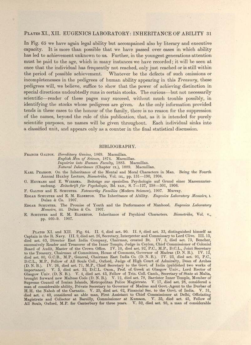 Plates XL, XII. EUGENICS LABOKATORY: INHERITANCE OF ABILITY 31 In Fig. 65 we have again legal ability but accompained also by literary and executive capacity. It is more than possible that we have passed over cases in which ability has led to achievement unknown to us. Further, in the youngest generations attention must be paid to the age, which in many instances we have recorded ; it will be seen at once that the individual has frequently not reached, only just reached or is still within the period of possible achievement. Whatever be the defects of such omissions or incompletenesses in the pedigrees of human ability appearing in this Treasury, these pedigrees will, we believe, suffice to show that the power of achieving distinction in special directions undoubtedly runs in certain stocks. The curious—but not necessarily scientific—reader of these pages may succeed, without much trouble possibly, in identifying the stocks whose pedigrees are given. As the only information provided tends in these cases to the honour of the family, there is no reason for the suppression of the names, beyond the rule of this publication, that, as it is intended for purely scientific purposes, no names will be given throughout. Each individual sinks into a classified unit, and appears only as a counter in the final statistical discussion. BIBLIOGRAPHY. Francis Galton. Hereditary Genius, 1869. Macmillan. English Men of Science, 1874. Macmillan. Inquiries into Hwmmi Faculty, 1883. Macmillan. Natural InJteritance (Chapter IX.), 1889. Macmillan. Karl Pearson. On the Inheritance of the Mental and Moral Characters in Man. Being the Fourth Annual Huxley Lecture, Biometrika, Vol. iii., pp. 131—190, 1904. G. Heymans and Б. Wiersma. Beiträge zur speziellen Psychologie auf Grund einer Massenunter¬ suchung. Zeitschrift für Psychologie, Bd. XLii., S. 7—127, 258—301, 1906. F. Galton and E. Schuster. Noteworthy Families (Modern Science), 1907. Murray. Edöar Schuster and E. M. Elderton. The Inheritance of Ability. Fugenics Laboratory Memoirs, i. Dulau & Co. 1907. Edgar Schuster. The Promise of Youth and the Performance of Manhood. Eugenics Laboratory Memoirs, in. Dulau h Co. 1907. E. Schuster and E. M. Elderton. Inheritance of Psychical Characters. Biometrika, Vol. v., pp. 460-9. 1907. Plates XI. and XII. Fig. 64. II. 6, died aet. 90. II. 8, died aet. 33, distinguished himself as Captain in the ß. Navy. III. 9, died aet. 26, Secretary, Interpreter and Commissary to Lord Clive. III. 15, died aet. 63, Director East India Company, Chairman, created Bt. IV. 3, died aet. 73, Bencher, successively Reader and Treasurer of the Inner Temple, Judge in Ceylon, Chief Commissioner of Colonial Board of Audit, Master of the Crown Office. IV. 10, died aet. 92, P.C., M.P., D.C.L., Joint Secretary to the Treasury, Chairman of Committees, House of Commons, Governor of Madras (D. N. В.). IV. 12, died aet. 80, G.C.B., M.P., General, Chairman East India Go. (D. N. В.). IV. 23, died aet. 91, P.C., D.C.L., M.P., Fellow of All Souls Coll., Oxford, Judge of High Court of Admiralty, Dean of Arches (D. N. В.). IV. 26, died aet. 71, M.P., Chief Secretary to the Govt, of India (published two works of importance). V. 3, died aet. 32, D.C.L. Oxon., Prof, of Greek at Glasgow Univ., Lord Rector of Glasgow Univ. (D. N. В.). V. 4, died aet. 43, Fellow of Trin. CoU. Camb., Secretary of State at Malta, brought forward new Maltese Code (D. N. В.). V. 12, died aet. 78, Barrister Inner Temple, Member of Supreme Council of Ionian Islands, Metropolitan Police Magistrate. V. 17, died aet. 28, considered a man of considerable ability. Private Secretary to Governor of Madras and Govt.-Agent to the Durbar of H.H. the Nabob of the Carnatic. V. 25, died aet. 62, Financial Sec. to the Govt, of India. V. 31, died aet. c. 40, considered an able man. First Assistant to Chief Commissioner at Delhi, Officiating Magistrate and Collector at Bareilly, Commissioner at Kumaon. V. 35, died aet. 45, Fellow of AU Souls, Oxford, M.P. for Canterbury for three years. V. 52, died aet. 95, a man of considerable