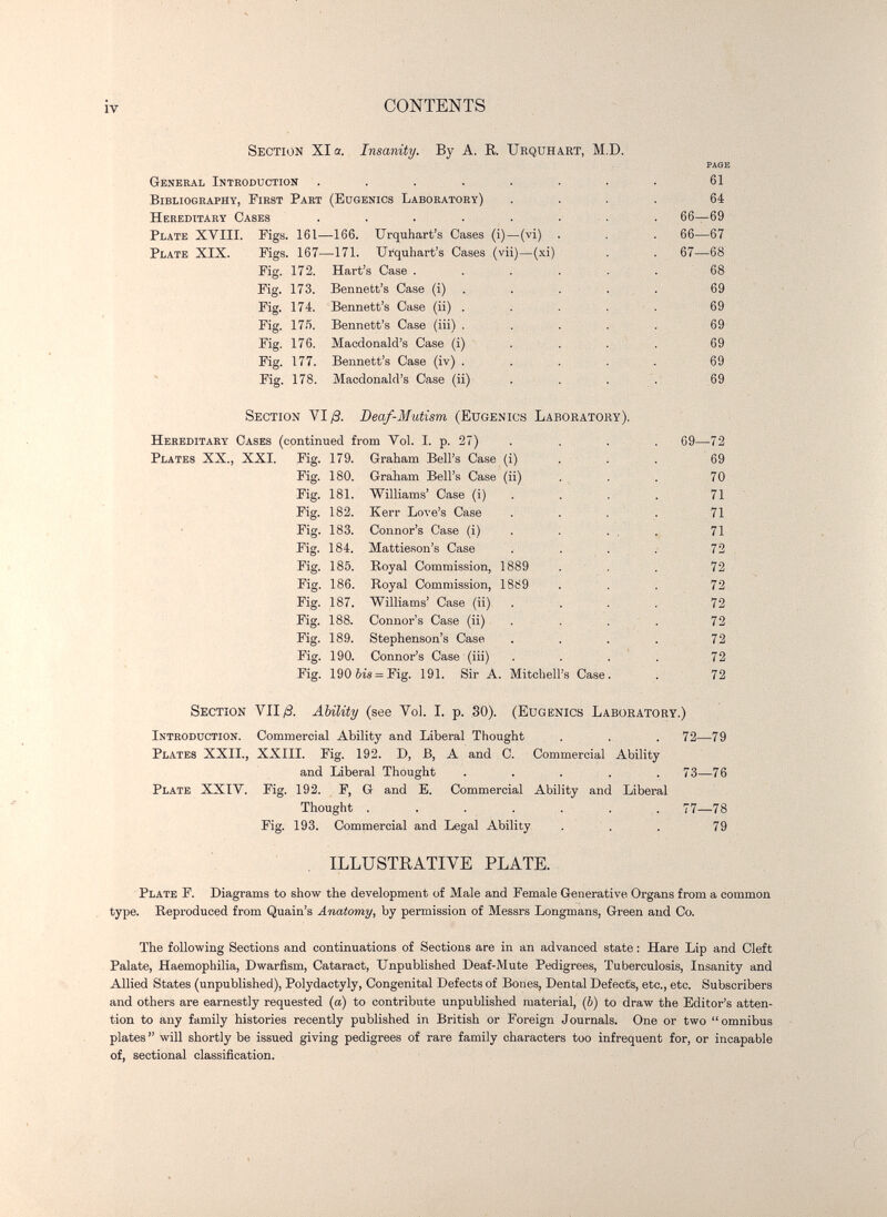 iv CONTENTS Section XI a. Insanity. By A. R. Ukquhart, M.D. General Inteoduction .... Bibliography, First Pakt (Eugenics Laboratory) Hereditary Oases .... Plate XVIII. Pigs. 161 Plate XIX. 166. Urquhart's Cases (i)—(vi) Pigs. 167—171. Urquhart's Cases (vii)—(xi) Fig. 172. Hart's Case . Fig. 173. Bennett's Case (i) Fig. 174. Bennett's Case (ii) . Fig. 175. Bennett's Case (iii) . Fig. 176. Macdonald's Case (i) Fig. 177. Bennett's Case (iv) . Fig. 178. Macdonald's Case (Ü) Section VI Deaf-Mutism (Eugenics Laboratory). Hereditary Cases (continued from Vol. I. p. 27) Plates XX., XXI. Fig. 179. Graham Bell's Case (i) Fig. 180. Graham Bell's Case (ii) Fig. 181. Williams' Case (i) Fig. 182. Kerr Love's Case Fig. 183. Connor's Case (i) Fig. 184. Mattieson's Case Fig. 185. Royal Commission, 1889 Pig. 186. Royal Commission, 1889 Fig. 187. Williams' Case (ii) Fig. 188. Connor's Case (ii) Fig. 189. Stephenson's Case Fig. 190. Connor's Case (iii) Fig. 190 bis = Fig. 191. Sir A. Mitchel Case PAGE 61 64 66—69 66—67 67—68 68 69 69 69 69 69 69 69—72 69 70 71 71 71 72 72 72 72 72 72 72 72 Section VII/S. Ability (see Vol. 1. p. ,30). (Eugenics Laboratory.) Introduction. Commercial Ability and Liberal Thought . . . 72—79 Plates XXII., XXIII. Fig. 192. D, B, A and C. Commercial Ability and Liberal Thought ..... 73—76 Plate XXIV. Fig. 192. F, G and E. Commercial Ability and Liberal Thought ....... 77—78 Fig. 193. Commercial and Legal Ability ... 79 ILLUSTRATIVE PLATE. Plate F. Diagrams to show the development of Male and Female Generative Organs from a common type. Reproduced from Quain's Anatomy, by permission of Messrs Longmans, Green and Co. The following Sections and continuations of Sections are in an advanced state : Hare Lip and Cleft Palate, Haemophilia, Dwarfism, Cataract, Unpublished Deaf-Mute Pedigrees, Tuberculosis, Insanity and Allied States (unpublished), Polydactyly, Congenital Defects of Bones, Dental Defects, etc., etc. Subscribers and others are earnestly requested (a) to contribute unpublished material, (Ъ) to draw the Editor's atten¬ tion to any family histories recently published in British or Foreign Journals. One or two omnibus plates  will shortly be issued giving pedigrees of rare family characters too infrequent for, or incapable of, sectional classification.