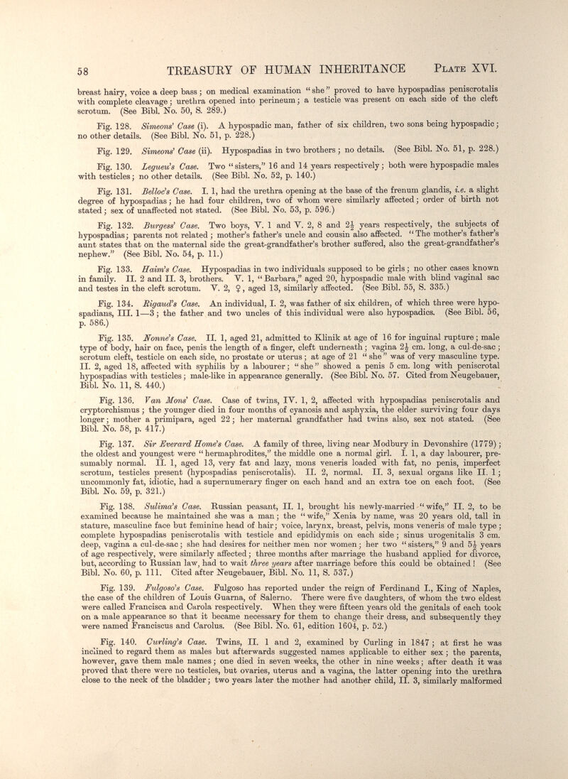 58 TEEASUEY OF HUMAN INHEEITANCE Plate XVI. breast hairy, voice a deep bass j on medical examination  she  proved to have hypospadias peniscrotalis with complete cleavage ; urethra opened into perineum ; a testicle was present on each side of the cleft scrotum. (See Bibl. No. 50, S. 289.) Fig. 128. Simeons' Case (i). A hypospadic man, father of six children, two sons being hypospadic; no other details. (See Bibl. No. 51, p. 228.) Fig. 129. Simeons' Case (ii). Hypospadias in two brothers ; no details. (See Bibl. No. 51, p. 228.) Fig. 130. Legueu's Case. Two sisters, 16 and 14 years respectively; both were hypospadic males with testicles; no other details. (See Bibl. No. 52, p. 140.) Fig. 131. Belloe's Case. I. 1, had the urethra opening at the base of the frenum glandis, i.e. a slight degree of hypospadias ; he had four children, two of whom were similarly affected ; order of birth not stated ; sex of unaffected not stated. (See Bibl. No. 53, p. 596.) Fig. 132. Bv/rgess' Case. Two boys, V. 1 and V. 2, 8 and 2| years respectively, the subjects of hypospadias; parents not related ; mother's father's uncle and cousin also affected. The mother's father's aunt states that on the maternal side the great-grandfather's brother suffered, also the great-grandfather's nephew. (See Bibl. No. 54, p. 11.) Fig. 133. Haim's Case. Hypospadias in two individuals supposed to be girls; no other oases known in famüy. II. 2 and II. 3, brothers. V. 1,  Barbara, aged 20, hypospadic male with blind vaginal sac and testes in the cleft scrotum. V. 2, Ç > aged 13, similarly affected. (See Bibl. 55, S. 335.) Fig. 134. Rigaud's Case. An individual, I. 2, was father of six children, of which three were hypo- spadians, III. 1—3 ; the father and two uncles of this individual were also hypospadias. (See Bibl. 56, p. 586.) Fig. 135. Sonne's Case. II. 1, aged 21, admitted to Klinik at age of 16 for inguinal rupture ; male type of body, hair on face, penis the length of a finger, cleft underneath ; vagina 2| cm. long, a cul-de-sac ; scrotum cleft, testicle on each side, no prostate or uterus ; at age of 21  she  was of very masculine type. II. 2, aged 18, affected with syphilis by a labourer; she showed a penis 5 cm. long with peniscrotal hypospadias with testicles ; male-like in appearance generally. (See Bibl. No. 57. Cited from Neugebauer, Bibl. No. 11, S. 440.) Fig. 136. Yan Möns' Case. Case of twins, IV. 1, 2, affected with hypospadias peniscrotalis and cryptorchismus ; the younger died in four months of cyanosis and asphyxia, the elder surviving four days longer ; mother a primipara, aged 22 ; her maternal grandfather had twins also, sex not stated. (See Bibl. No. 58, p. 417.) Fig. 137. Sir Everard Home's Case. A family of three, living near Modbury in Devonshire (1779) ; the oldest and youngest were hermaphrodites, the middle one a normal girl. I. 1, a day labourer, pre¬ sumably normal. II. 1, aged 13, very fat and lazy, mous veneris loaded with fat, no penis, imperfect scrotum, testicles present (hypospadias peniscrotalis). II. 2, normal. II. 3, sexual organs like II. 1 ; uncommonly fat, idiotic, had a supernumerary finger on each hand and an extra toe on each foot. (See Bibl. No. 59, p. 321.) Fig. 138. SuKma's Case. Russian peasant, II. 1, brought his newly-married  wife, II. 2, to be examined because he maintained she was a man ; the  wife, Xenia by name, was 20 years old, tall in stature, masculine face but feminine head of hair; voice, larynx, breast, pelvis, mons veneris of male type ; complete hypospadias peniscrotalis with testicle and epididymis on each side ; sinus urogenitalis 3 cm. deep, vagina a cul-de-sac ; she had desires for neither men nor women ; her two  sisters, 9 and 5J years of age respectively, were similarly affected ; three months after marriage the husband applied for divorce, but, according to Kussian law, had to wait three years after marriage before this could be obtained ! (See Bibl. No. 60, p. 111. Cited after Neugebauer, Bibl. No. 11, S. 537.) Fig. 139. Fulgoso's Case. Fulgoso has reported under the reign of Ferdinand I., King of Naples, the case of the children of Louis Guama, of Salerno. There were five daughters, of whom the two eldest were called Francisca and Carola respectively. When they were fifteen years old the genitals of each took on a male appearance so that it became necessary for them to change their dress, and subsequently they were named Francisous and Carolus. (See Bibl. No. 61, edition 1604, p. 52.) Fig. 140. Curling's Case. Twins, II. 1 and 2, examined by Curling in 1847 ; at first he was inclined to regard them as males but afterwards suggested names applicable to either sex ; the parents, however, gave them male names ; one died in seven weeks, the other in nine weeks ; after death it was proved that there were no testicles, but ovaries, uterus and a vagina, the latter opening into the urethra close to the neck of the bladder ; two years later the mother had another child, II. 3, similarly malformed