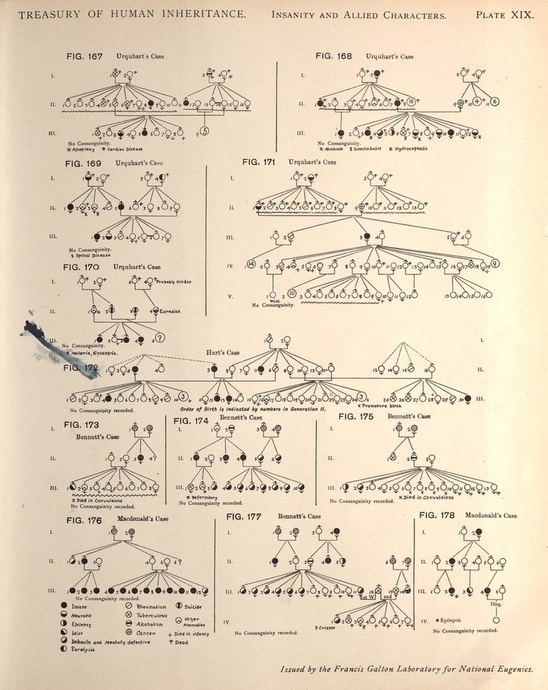 TREASURY OF HUMAN INHERITANCE. Insanity and Allied Characters. Plate XIX. FIG. 167 Urquhart s Case FIG. 168 Urquhart's Case m. 20З^Ч9^ î® No Consanguinity. Apoplexy Cardiac Disease FIG. 169 Urquhart's Case No Consanguinity. H-Akoholic ^ Somna buli'tt Hy^Ii'octphaltc IL I I ^ îè 3 Ô No Consanguinity. 1 Spina/ Disease FIG. 170 Ürquharfs Case I. ч'^^'ргоЬвЫу Hindflö • ^ Л 'f 4 ■? '? Eurasian FIG# 171 Urquhart's Case О 2 ® 3 Ô4-ÔÂÔÎ07Ô«Ô9Q/OQ//Q/2Ô /зОмО/бОу^О N0 Consanguinity. Consanguinity. Afelario. eccentric. Hart's Case 'ÇâÇi # 4Ò 3^ ì<^Q ,i^ Á eÇjo^ О 1*0 /5 ÇJi0nO,t6,iQ2,Q2,C )2T^2 sQM* N0 Consanguinity recorded. Oràer of Birth Ы indicated by numbers fn Generation II, 2¿k¿y 2. У Premature birth , FIG. 173 Bennett^s Саве FIG. 174 . I. i<^ Bemietfs Case зф 4^ FIG. 175 Bennett's Case I. I 'fj9 'f Xl>ieel in Convulsione No Consanguinity recorded. FIG, 170 Macdonald's Case I. I * Tíffdrmteíy No Consanguinity recorded. a 3Ç . ill* (•яФз# 40S0 Á070t^9^/o0//0/z^ No Consanguinity recorjcd. Ф Insane 0 Rheu ф Suicide Ф ¿Veurei-íc ® TUbe7xu/e*ii ^ /Ъ Ä 0 oti}er 4P Epi.lepsy Ö Alcoho/ism Anomolies C) Id/of © Oincer + D/ed/о in/anty ® Imbecile, and ЛепЫ/у defective i' Dead ^ Parot^/u III. .(} a(^70 ôO^ÔtÔfÔicQuÇaQ^^^ ^ , XPied in ConV4\eions No Consanguinity recorded. FIG. 177 Bennett's Case FIG. 178 Macdonald's Case • 'Ç '9 III. lÔ llleg. iV. Epileptic Q N0 Consangoinity recorded. II. i^i(^ N0 Consanguinity recorded. í Cn>pfe Issued by the Francis Galton Laboratory for National Eugenics.