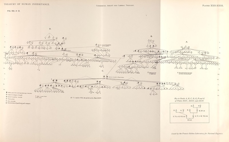 TREASURY OF HUMAN INHERITANCE. Commercial Ability and Liberal Thought. Plates XXII-XXIII. FIG. 192. A-D. • Ability abov* ihf average,eipreiady in basilwM Ф Liberal in ríítjiows thôught €) Uberai Cn poíiHeal thought Tuberculosis oèfter anomollfS @ Convivial^fond of^oodUving^stlbindtügent. ^ Un^er /в у«вм of ogr ^ Died /Oiing. Issued by the Francis Galton Laboratory for National Eugenics.