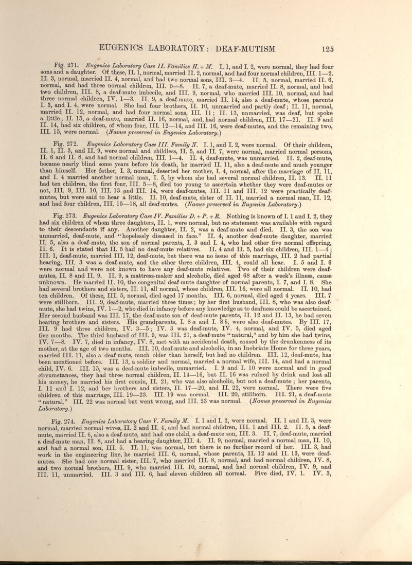 EUGENICS LABORATOEY: DEAF-MUTISM 125 Fig. 271. Eugenics Laboratory Case II, Families H, + M. I. 1, and I. 2, were normal, they had four sons and a daughter. Of these, II. 1, normal, married II. 2, normal, and had four normal children, III. 1—2. IL 3, normal, married II. 4, normal, and had two normal sons, HI. 3—4. II. 5, normal, married II. 6, normal, and had three normal children. III. 5—8. II. 7, a deaf-mute, married II. 8, normal, and had two children, III. 8, a deaf-mute imbecile, and III. 9, normal, who married III. 10, normal, and had three normal children, IV. I—3. II. 9, a deaf-mute, married II. 14, also a deaf-mute, whose parents I. 3, and I. 4, were normal. She had four brothers, IL 10, unmarried and partly deafj II. 11, normal, married II. 12, normal, and had four normal sons, III. 11 j II. 13, unmarried, was deaf, but spoke a little; II. 15, a deaf-mute, married II. 16, normal, and.had normal children. III. 17—21. II. 9 and II. 14, had six children, of whom four, HI. 12—14, and III. 16, were deaf-mutes, and the remaining two, HI. 15, were normal. {Names preserved in Eugmics Laboratœ'y.) Fig. 272. Eugenics Laboratory Case III. Family N. 1. 1, and I. 2, were normal. Of their children, IL 1, IL 3, and H. 9, were normal and childless, IL 5, and II. 7, were normal, married normal persons, II. 6 and H. 8, and had normal children, III. 1—4. IL 4, deaf-mute, was unmarried. II. 2, deaf-mute, became nearly blind some years before his death, he married II. 11, also a deaf-mute and much younger than himself. Her father, I. 3, normal, deserted her mother, 1. 4, normal, after the marriage of II. 11, and I. 4 married another normal man, I. 5, by whom she had several normal children, II. 13. IL 11 had ten children, the first four. III. 5—8, died too young to ascertain whether they were deaf-mutes or not. III. 9, HI. 10, III. 13 and III. 14, were deaf-mutes, HI. 11 and HI. 12 were practically deaf- mutes, but were said to hear a little. II. 10, deaf-mute, sister of H. 11, married a normal man, IL 12, and had four children, HI. 15—18, аД deaf-mutes. {Names preserved in Eugenics Laboratory.) Fig. 273. Eugenics Laboratory Case IV. Families R. Nothing is known of I. 1 and I. 2, they had six children of whom three daughters, IL 1, were normal, but no statement was available with regard to their descendants if any. Another daughter, II. 2, was a deaf-mute and died. II. 3, the son was unmarried, deaf-mute, and hopelessly diseased in face. II. 4, another deaf-mute daughter, married IL 5, also a deaf-mute, the son of normal parents, 1. 3 and 1. 4, who had other five nonnal offspring, II. 6. It is stated that H. 5 had no deaf-mute relatives. H. 4 and H. 5, had six children, HI. 1—4 ; HI. 1, deaf-mute, married III. 12, deaf-mute, but there was no issue of this marriage, HI. 2 had partial hearing, HI. 3 was a deaf-mute, and the other three children, HI. 4, could all hear. I. 5 and I. 6 were normal and were not known to have any deaf-mute relatives. Two of their children were deaf- mutes, IL 8 and II. 9. H. 9, a mattress-maker and alcoholic, died aged 68 after a week's illness, cause unknown. He married H. 10, the congenital deaf-mute daughter of normal parents, 1. 7, and I. 8. She had several brothers and sisters, II. 11, all normal, whose children, HI. 16, were all normal, H. 10, had ten children. Of these. III. 5, normal, died aged 17 months. HI. 6, normal, died aged 4 years. HI. 7 were stillborn. HI. 9, deaf-mute, married three times ; by her first husband, HI. 8, who was also deaf- mute, she had twins, IV. 1—2, who died in infancy before any knowledge as to deafness could be ascertained. Her second husband was HI. 17, the deaf-mute son of deaf-mute parents, IL 12 and H. 13, he had seven hearing brothers and sisters. His grandparents, I. 8 a and I. 8 h, were also deaf-mutes. By HI. 17, III. 9 had three children, IV. 3—5 ; IV. 3 was deaf-mute, IV. 4, normal, and IV. 5, died aged five months. The third husband of HI. 9, was HI. 21, a deaf-mute natural, and by him she had twins, IV. 7—8. IV. 7, died in infancy, IV. 8, met with an accidental death, caused by the drunkenness of its mother, at the age of two months. III. 10, deaf-mute and alcoholic, in an Inebriate Home for three years, married HI. 11, also a deaf-mute, much older than herself, but had no children. HI. 12, deaf-mute, has been mentioned before. HI. 13, a soldier and normal, married a normal wife, HI. 14, and had a normal child, IV. 6. HI. 15, was a deaf-mute imbecile, unmarried. I. 9 and I. 10 were normal and in good circumstances, they had three normal children, H. 14—16, but II. 16 was ruined by drink and lost all his money, he married his first cousin, IL 21, who was also alcoholic, but not a deaf-mute ; her parents, 1. 11 and I. 12, and her brothers and sisters, II. 17—20, and H. 22, were normal. There were five children of this marriage, III. 19—23. HI. 19 was normal. HI. 20, stillborn. HI. 21, a deaf-mute natural, HI. 22 was normal but went wrong, and HI. 23 was normal. {Names preserved in Eugenics Laboratory^ Fig. 274. Eugenics Laboratory Case V. Family M. I. 1 and I. 2, were normal. IL 1 and H. 3, were norma], married normal wives, H. 2 and H. 4, and had normal children, HI. 1 and HI. 2. II. 5, a deaf- mute, married IL 6, also a deaf-mute, and had one child, a deaf-mute son, HI. 3. H. 7, deaf-mute, married a deaf-mute man, IL 8, and had a hearing daughter, HI. 4. H. 9, normal, married a normal man, H. 10, and had a normal son, HI. 5. H. 11, was normal, but there is no further record of her. HI. 3, had work in the engineering line, he married HL 6, normal, whose parents, IX. 12 and H. 13, were deaf- mutes. She had one normal sister, HI. 7, who married HL 8, normal, and had normal chüdren, IV. 8, and two normal brothers, HI. 9, who married HI. 10, normal, and had normal children, IV. 9, and III. 11, unmarried. III. 3 and HI. 6, had eleven children all normal. Five died, IV. 1. IV. 3,