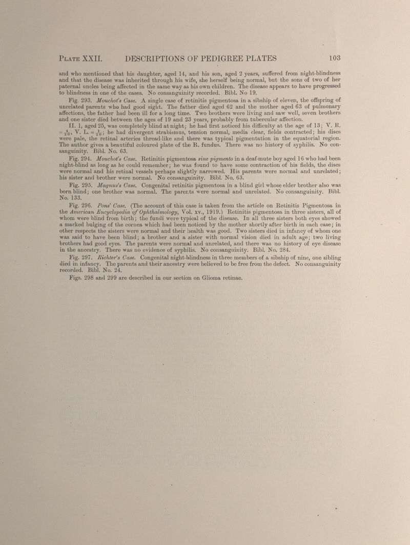 and who mentioned that his daughter, aged 14, and his son, aged 2 years, suffered from night-blindness and that the disease was inherited through his wife, she herself being normal, but the sons of two of her paternal uncles being affected in the same way as his own children. The disease appears to have progressed to blindness in one of the cases. No consanguinity recorded. Bibl. No 19. Fig. 293. Mouchot’s Case . A single case of retinitis pigmentosa in a sibship of eleven, the offspring of unrelated parents who had good sight. The father died aged 62 and the mother aged 63 of pulmonary affections, the father had been ill for a long time. Two brothers were living and saw well, seven brothers and one sister died between the ages of 19 and 23 years, probably from tubercular affection. II. 1, aged 25, was completely blind at-night; he had first noticed his difficulty at the age of 13; V. K. = 2 4 o> V* L. =^j-; he had divergent strabismus, tension normal, media clear, fields contracted; his discs were pale, the retinal arteries thread-like and there was typical pigmentation in the equatorial region. The author gives a beautiful coloured plate of the R. fundus. There was no history of syphilis. No con sanguinity. Ribl. No. 63. Fig. 294. Mouchot’s Case. Retinitis pigmentosa sine pigmento in a deaf-mute boy aged 16 who had been night-blind as long as he could remember; he was found to have some contraction of his fields, the discs were normal and his retinal vessels perhaps slightly narrowed. His parents were normal and unrelated; his sister and brother were normal. No consanguinity. Bibl. No. 63. Fig. 295. Magnus’s Case. Congenital retinitis pigmentosa in a blind girl whose elder brother also was born blind; one brother was normal. The parents were normal and unrelated. No consanguinity. Bibl. No. 133. Fig. 296. Pons’ Case. (The account of this case is taken from the article on Retinitis Pigmentosa in the American Encyclopedia of Ophthalmology , Vol. xv., 1919.) Retinitis pigmentosa in three sisters, all of whom were blind from birth; the fundi were typical of the disease. In all three sisters both eyes showed a marked bulging of the cornea which had been noticed by the mother shortly after birth in each case; in other respects the sisters were normal and their health was good. Two sisters died in infancy of whom one was said to have been blind; a brother and a sister with normal vision died in adult age; two living brothers had good eyes. The parents were normal and unrelated, and there was no history of eye disease in the ancestry. There was no evidence of syphilis. No consanguinity. Bibl. No. 284. Fig. 297. Richter’s Case. Congenital night-blindness in three members of a sibship of nine, one sibling died in infancy. The parents and their ancestry were believed to be free from the defect. No consanguinity recorded. Bibl. No. 24. Figs. 298 and 299 are described in our section on Glioma retinae.