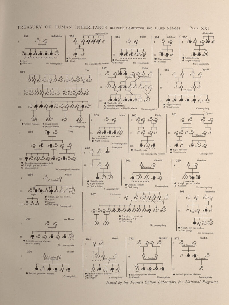 TREASURY OF HUMAN INHERITANCE retinitis pigmentosa and allied diseases Plate XXI Alexander 251 ■H % li I i i 1 —i -1 —r i ’i) 20 À +4 sé iê 7© © Deaf 4/k Glaucoma 252 I l( Pagenstecher r~rn—rn No consanguinity 0 II 2? 9 ? Chorio-Retinitis © Deaf 253 I I • Choroideremia No consanguinity recorded '»Bad sight No consanguinity 254 Goldberg , i( № n r- • ? Choroideremia Cataract 255 . 7© ¿20^3 ê.êt® 9 Choroideremia © Night-blindness No consanguinity i i i i i i r i i r~n—T Ó dò 7© 8 ^ 9 Ôl 0 ©^ ft.® fÔ ÎÔ 3 Ô : ÇsôÎÔ 7 Ô ?0?0*9 ¿,2¿ I r I 3 i 4 <^ IÔ 7 <^ 9 0 I 2 .Ò? |(Ë)? 2(|> 3 Ò’ 4(2) © Retinitis pigmentosa ® Mental defect + Died in infancy •y$ rn n l? *9^ - 5 y T i Cousins I Oguchi I r 1 —I ► Chorio-Retinitis Heart disease ib Died suddenly No consanguinity H Oguchi • Retinitis pigmentosa (atypical) ©? Atroph. gyr. ret. et chor. © Choroideremia No consanguinity recorded Cutler Ô 2.0 T i* Cousins y 1 *cri isi A À A + i 4 i 2#3#40 5# áO 7 O 8 Ö 9 QO 263 I I I I rn 1 II. *¿3*44^ ® Choroideremia 9 Night-blindness No consanguinity | | Thompson 0^) No consanguinity 260 König 1 lV 2 V 3 VA f 2 ô 3 i 4 ê sf s ç? 7 Ô? Consanguinity • Night-blindness © Choroideremia *0^ ' ,êSi Os A II i? aO 3 Ó è 2Ô 3 + (È> ni lÔ 2 Ô 3 Ô 269 3 ? 9 Atrop % Myopi 9 Choroideremia © Night-blindness + Died in infancy III. I 9 Choroideremia No consanguinity recorded L Jackson ) Choroideremia No consanguinity II if r 9 Choroidal atrophy + Died young s 9 Consanguinity . Consanguinity Wernicke '2? 9 Atroph. gyr. ret. et chor. i¡i- Cataract No consanguinity Atroph. gyr. ret. et chor. Myopia Cataract + Died young Consanguinity van DuySe  *9 ¿ *9 ‘4 *§ 268 I I f 3 * et. et cho No H r- a - 9 3 9 4 T ' Jacobsohn 3 O 4 C I , 4 29 tò 4 ( 2 ) 9 Atroph. gyr. ret. et chor. + Died young No consanguinity 9 Retinitis punctata albescens -f Died in infancy 270 No consanguinity Lauber 1 Y '  Cousins 2.0 I once removed Y T rrn—I—! u I ^ id 3^ 4^ sQ 6 ^ 9 Retinitis punctata albescens Consanguinity 271 I i ?ñ Gayet .? tò 9 Yist Cousins. I 2 lô zê 3 Ô 4^ 3 $ 9 Retinitis punctata albescens 0 Blind at 70 Badsight Consanguinity. 272 I I Spengler Mise III 1 ( ^2°* Cousins9 T—I LISC. ^ O 2 ^ 3$ 4© 9 Retinitis punctata albescens 0 Albinotic Consanguinity 273 i i ô 20 I ist Cousins Y I? À A< T> Y 1 “ Cousins I I ,0 9 Retinitis punctata albescens Consanguinity