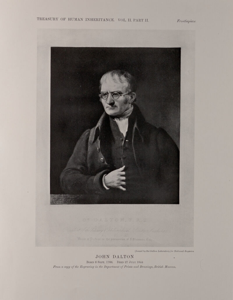 TREASURY OF HUMAN INHERITANCE. VOL. II. PART II. Frontispiece I !.. iù T © i, ii'\ -y/. y/ m . 4*. V; -v© ! ’ i< 'mi -, [w: ri.■ i\yz -.pöBSejssto«:. of ¡bamsfln.ill.. [Issued by the Galton Laboratory for National Eugenics JOHN DALTON Born 6 Sept. 1766. Died 27 July 1844 From a copy of the Engraving in the Department of Prints and Drawings , British Museum.