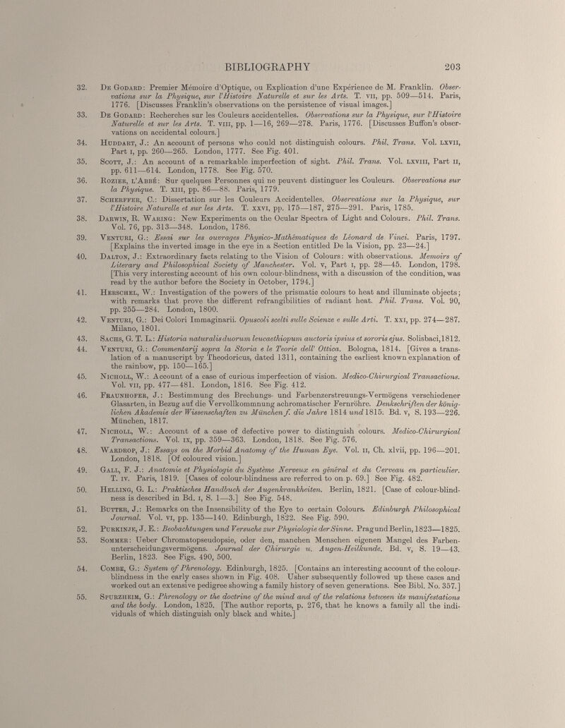 32. De Godard: Premier Mémoire d’Optique, ou Explication d’une Expérience de M. Eranklin. Obser vations sur la Physique , sur VHistoire Naturelle et sur les Arts. T. vu, pp. 509—514. Paris, 1776. [Discusses Franklin’s observations on the persistence of visual images.] 33. De Godard : Recherches sur les Couleurs accidentelles. Observations sur la Physique , sur VHistoire Naturelle et sur les Arts. T. vm, pp. 1—16, 269—278. Paris, 1776. [Discusses Buffon’s obser vations on accidental colours.] 34. Huddart, J.: An account of persons who could not distinguish colours. Phil. Trans. Yol. lxvii, Part i, pp. 260—265. London, 1777. See Fig. 401. 35. Scott, J.: An account of a remarkable imperfection of sight. Phil. Trans. Yol. lxviii, Part ii, pp. 611—614. London, 1778. See Fig. 570. 36. Rozier, l’Abbé : Sur quelques Personnes qui ne peuvent distinguer les Couleurs. Observations sur la Physique. T. xm, pp. 86—88. Paris, 1779. 37. Scherffer, C.: Dissertation sur les Couleurs Accidentelles. Observations sur la Physique , sur VHistoire Naturelle et sur les Arts. T. xxvi, pp. 175—187, 275—291. Paris, 1785. 38. Darwin, R. Waring: New Experiments on the Ocular Spectra of Light and Colours. Phil. Trans. Vol. 76, pp. 313—348. London, 1786. 39. Yenturi, G.: Essai sur les ouvrages Physico-Mathématiques de Léonard de Vinci. Paris, 1797. [Explains the inverted image in the eye in a Section entitled De la Vision, pp. 23—24.] 40. Dalton, J.: Extraordinary facts relating to the Vision of Colours: with observations. Memoirs of Literary and Philosophical Society of Manchester. Yol. v, Part i, pp. 28—45. London, 1798. [This very interesting account of his own colour-blindness, with a discussion of the condition, was read by the author before the Society in October, 1794.] 41. Herschel, W.: Investigation of the powers of the prismatic colours to heat and illuminate objects; with remarks that prove the different refrangibilities of radiant heat. Phil. Trans. Vol. 90, pp. 255—284. London, 1800. 42. Venturi, G.: Dei Colori Immaginarii. Opuscoli scelti sulle Scienze e suite Arti. T. xxi, pp. 274—287. Milano, 1801. 43. Sachs, G. T. L. : Historia naturalisduorum leucaethiopum auctoris ipsius et sororis ejus. Solisbaci,1812. 44. Venturi, G.: Gommentarij sopra la Storia e le Teorie dell Ottica. Bologna, 1814. [Gives a trans lation of a manuscript by Theodoricus, dated 1311, containing the earliest known explanation of the rainbow, pp. 150—165.] 45. Nicholl, W.: Account of a case of curious imperfection of vision. Medico-Chirurgical Transactions. Vol. vu, pp. 477—481. London, 1816. See Fig. 412. 46. Fraunhofer, J. : Bestimmung des Brechungs- und Farbenzerstreuungs-Vermögens verschiedener Glasarten, in Bezug auf die Vervollkommnung achromatischer Fernröhre. Denkschriften der könig lichen Akademie der Wissenschaften zu München f. die Jahre 1814 und 1815. Bd. v, S. 193—226. München, 1817. 47. Nicholl, W. : Account of a case of defective power to distinguish colours. Medico-Chirurgical Transactions. Vol. ix, pp. 359—363. London, 1818. See Fig. 576. 48. Wardrop, J.: Essays on the Morbid Anatomy of the Human Eye. Vol. ii, Ch. xlvii, pp. 196—201. London, 1818. [Of coloured vision.] 49. Gall, F. J.: Anatomie et Physiologie du Système Nerveux en général et du Cerveau en particulier. T. iv. Paris, 1819. [Cases of colour-blindness are referred to on p. 69.] See Fig. 482. 50. Helling, G. L.: Praktisches Handbuch der Augenkrankheiten. Berlin, 1821. [Case of colour-blind ness is described in Bd. i, S. 1—3.] See Fig. 548. 51. Butter, J.: Remarks on the Insensibility of the Eye to certain Colours. Edinburgh Philosophical Journal. Vol. vi, pp. 135—140. Edinburgh, 1822. See Fig. 590. 52. Purkinje, J. E. : Beobachtungen und Versuche zur Physiologie der Sinne. Prag und Berlin, 1823—1825. 53. Sommer: Ueber Chromatopseudopsie, oder den, manchen Menschen eigenen Mangel des Farben unterscheidungsvermögens. Journal der Chirurgie u. Augen-Heilkunde. Bd. v, S. 19—43. Berlin, 1823. See Figs. 490, 500. 54. Combe, G.: System of Phrenology. Edinburgh, 1825. [Contains an interesting account of the colour blindness in the early cases shown in Fig. 408. Usher subsequently followed up these cases and worked out an extensive pedigree showing a family history of seven generations. See Bibl. No. 357.] 55. Spurzheim, G.: Phrenology or the doctrine of the mind and of the relations between its manifestations and the body. London, 1825. [The author reports, p. 276, that he knows a family all the indi viduals of which distinguish only black and white.]