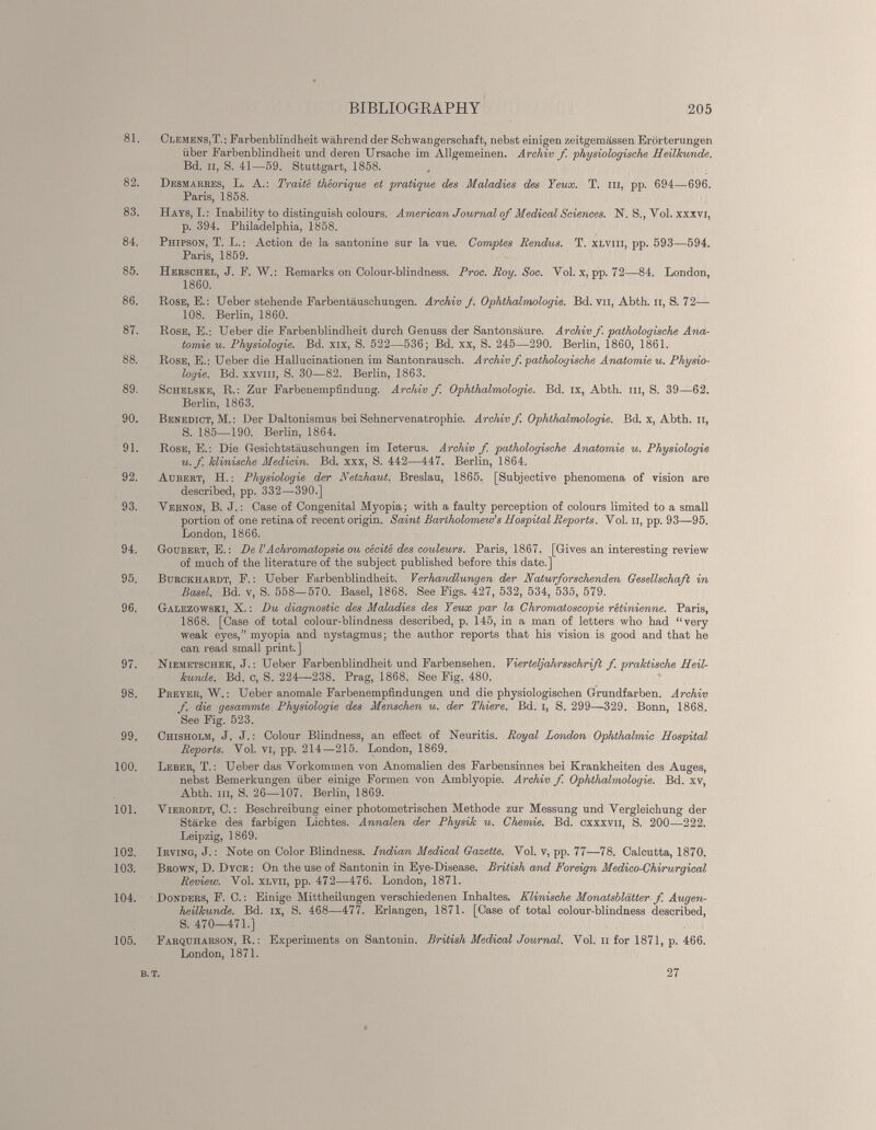 81 . Clemens, T. : Farbenblindheit während der Schwangerschaft, nebst einigen zeitgemässen Erörterungen über Farbenblindheit und deren Ursache im Allgemeinen. Archiv f. physiologische Heilkunde. Bd. ii, S. 41—59. Stuttgart, 1858. 82. Desmarres, L. A.: Traité théorique et pratique des Maladies des Yeux. T. ni, pp. 694—696. Paris, 1858. 83. Hays, L: Inability to distinguish colours. American Journal of Medical Sciences. N. S., Vol. xxxvi, p. 394. Philadelphia, 1858. 84. Phipson, T. L. : Action de la santonine sur la vue. Comptes Rendus. T. xlviii, pp. 593—594. Paris, 1859. 85. Herschel, J. F. W. : Remarks on Colour-blindness. Proc. Roy. Soc. Vol. x, pp. 72—84. London, 1860. 86. Rose, E.: Ueber stehende Farbentäuschungen. Archiv f. Ophthalmoloqie. Bd. vu, Abth. Il, S. 72— 108. Berlin, 1860. 87. Rose, E.: Ueber die Farbenblindheit durch Genuss der Santönsäure. Archiv f. pathologische Ana tomie u. Physiologie. Bd. xix, S. 522—536; Bd. xx, S. 245—290. Berlin, 1860, 1861. 88. Rose, E.: Ueber die Hallucinationen im Santonrausch. Archiv f. pathologische Anatomie u. Physio logie. Bd. xxvin, S. 30—82. Berlin, 1863. 89. Schelske, R.: Zur Farbenempfindung. Archiv f. Ophthalmologie. Bd. ix, Abth. m, S. 39—62. Berlin, 1863. 90. Benedict, M.: Der Daltonismus bei Sehnervenatrophie. Archiv f. Ophthalmologie. Bd. x, Abth. n, S. 185—190. Berlin, 1864. 91. Rose, E.: Die Gesichtstäuschungen im Icterus. Archiv f. pathologische Anatomie u. Physiologie u. f. klinische Medicin. Bd. xxx, S. 442—447. Berlin, 1864. 92. Aubert, H. : Physiologie der Netzhaut. Breslau, 1865. [Subjective phenomena of vision are described, pp. 332—390.] 93. Vernon, B. J. : Case of Congenital Myopia; with a faulty perception of colours limited to a small portion of one retina of recent origin. Saint Bartholomew’s Hospital Reports. Vol. ii, pp; 93—95. London, 1866. 94. Goubert, E. ; Del' Achromatopsie ou cécité des couleurs. Paris, 1867. [Gives an interesting review of much of the literature of the subject published before this date.] 95. Burckhardt, F. : Ueber Farbenblindheit. Verhandlungen der Naturforschenden Gesellschaft in Basel. Bd. v, S. 558—570. Basel, 1868. See Figs. 427, 532, 534, 535, 579. 96. Galezowski, X. : Du diagnostic des Maladies des Yeux par la Chromatoscopie rétinienne. Paris, 1868. [Case of total colour-blindness described, p. 145, in a man of letters who had “very weak eyes,” myopia and nystagmus; the author reports that his vision is good and that he can read small print.] 97. Niemetschek, J. : Ueber Farbenblindheit und Farbensehen. Vierteljahrsschrift f. praktische Heil kunde. Bd. c, S. 224—238. Prag, 1868. See Fig. 480. 98. Preyer, W. ; Ueber anomale Farbenempfindungen und die physiologischen Grundfarben. Archiv f. die gesammte Physiologie des Menschen u. der Thiere. Bd. i, S. 299—-329. Bonn, 1868. See Fig. 523. 99. Chisholm, J. J. : Colour Blindness, an effect of Neuritis. Royal London Ophthalmie Hospital Reports. Vol. VI, pp. 214—215. London, 1869. 100. Leber, T. : Ueber das Vorkommen von Anomalien des Farbensinnes bei Krankheiten des Auges, nebst Bemerkungen über einige Formen von Amblyopie. Archiv f. Ophthalmologie. Bd. xv, Abth. in, S. 26—107. Berlin, 1869. 101. Vierordt, C. : Beschreibung einer photometrischen Methode zur Messung und Vergleichung der Stärke des farbigen Lichtes. Annalen der Physik u. Chemie. Bd. cxxxvii, S. 200 — 222. Leipzig, 1869. 102. Irving, J. : Note on Color Blindness. Indian Medical Gazette. Vol. v, pp. 77—78. Calcutta, 1870. 103. Brown, D. Dyce ; On the use of Santonin in Eye-Disease. British and Foreign Medico-Chirurgical Review. Vol. xlvii, pp. 472 — 476. London, 1871. 104. Donders, F. C. : Einige Mittheilungen verschiedenen Inhaltes. Klinische Monatsblätter f. Augen heilkunde. Bd. ix, S. 468—477. Erlangen. 1871. [Case of total colour-blindness described, S. 470—471.] 105. Farquharson, R. : Experiments on Santonin. British Medical Journal. Vol. ii for 1871, p. 466. London, 1871. B. T. 27