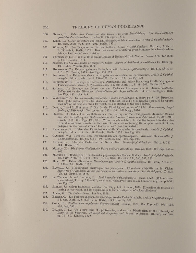 106. Geiger, L. : Ueber den Farbensinn der Urzeit und seine Entwickelung. Zur Entmckelungs- geschickte der Menschheit. S. 45—60. Stuttgart, 18/1. 107. Leber, T. : lieber hereditäre und congenital-angelegte Sehnervenleiden. Archiv f. Ophthalmologie. Bd. xvii, Abth. ii, S. 249—291. Berlin, 1871. 108. Woinovv, M. : Zur Diagnose der Farbenblindheit. Archiv f Ophthalmologie. Bd. xyn, Abth. n, S. 241—248. Berlin, 1871. [Describes a case of unilateral green-blindness in a female whose left eye had norfnal colour vision.] 109. Jeaffreson, C. S. : Colour-Blindness in Disease of Brain and Optic Nerves. Lancet. Vol. i for 1872, p. 601. London, 1872. 110. Moigno, F. : On Accidental or Subjective Colors. Report of Smithsonian Institution for 1866, pp. 211—253. Washington, 1872. 111. Hochecker, T. : Ueber angeborene Farbenblindheit. Archiv f. Ophthalmologie. Bd. xix, Abth. ni, S. 1—37. Berlin, 1873. See Figs. 538, 559. 112. Schirmer, R. : Ueber erworbene und angeborene Anomalien des Farbensinnes. Archiv f Ophthal mologie. Bd. xix, Abth. ii, S. 194—235. Berlin, 1873. See Fig. 492. 113. Raehlmann, E. : Beiträge zur Lehre vom Daltonismus und seiner Bedeutung für die Young’sche Farbentheorie. Archiv f. Ophthalmologie. Bd. xix, Abth. in, S. 88—106. Berlin, 1873. 114. Stilling, J.: Beiträge zur Lehre von den Farbenempfindungen, i u. ii. Ausserordentliches Beilageheft zu den klinischen Monatsblättern für Augenheilkunde. Bd. xm. Stuttgart, 1875. See Figs. 485—489, 549. 115. Warlomont, E. : De la chromatopseudopsie. Annales JOculistique. T. lxxiv, pp. 5—55. Bruxelles, 1875. [The author gives a full discussion of the subject and a bibliography ; on p. 33 he reports that two of his sons are blind for violet, each is affected to the same degree.] 116. Dewar, J. and McKendrick, J. G. : On the Physiological Action of Light. Transactions , Royal Society of Edinburgh. Yol. xxvii, pp. 141 — 166. Edinburgh, 1876. 117. Horner: Die Erblichkeit des Daltonismus. Ein Beitrag zum Vererbungsgesetz. Amtlicher Bericht über die Vemualtung des Medizinalwesens des Kantons Zürich vom Jahr 1876. S. 208—211. Zürich, 1876. See Figs. 420, 589. [We are much indebted to the Kantonale Direktion des Gesundheitswesens, Zürich, for the loan of this work containing the original account of the pedigree on the basis of which “ Horner’s Law ” was formulated.] 118. Raehlmann, E. : Ueber den Daltonismus und die Young’sche Farbentheorie. Archiv f. Ophthal mologie. Bd. xxii, Abth. i, S. 29—64. Berlin, 1876. See Fig. 385. 119. Camerer, W.: Versuche eines Farbenblinden am Spectralapparat. Klinische Monatsblätter f Augenheilkunde. Bd. xv, S. 51—60. Rostock, 1877. See Fig. 506. 120. Andree, R. : Ueber den Farbensinn der Naturvölker. Zeitschrift f. Ethnologie. Bd. x, S. 323— 334. Berlin, 1878. 121. Magnus, H.: Die Farbenblindheit, ihr Wesen und ihre Bedeutung. Breslau, 1878. See Figs. 459 463. 122. Magnüs, H. : Beiträge zur Kenntniss der physiologischen Farbenblindheit. Archiv f. Ophthalmologie. Bd. xxiv, Abth. iv, S. 171—236. Berlin, 1878. See Figs. 539, 540, 541, 550. 123. Manz, W. : Ueber albinotische Menschenaugen. Archiv f. Ophthalmologie. Bd xxiv Abth iv S. 139—170. Berlin, 1878. 124. Plateau, J. : Bibliographie analytique des principaux Phénomènes subjectifs de la Vision. Mémoires de l’Académie Royale des Sciences , des Lettres et des Beaux-Arts de Belgique . T. xlii. (No. i.) Bruxelles, 1878. 125. de Wecker, L. and Landolt, E. : Traité complet d’Ophtalmologie. Paris, 1878. [Colour vision is considered, T. i, pp. 539—592; small family history of total colour-blindness is given, p 566 1 See Fig. 375. r ' 126. Aitken, J.: Colour-Blindness. Nature . Vol. xx, p. 627. London, 1879. [Describes his method of testing colour vision and its applicability to the investigation of colour-blindness.] 127. Allen, G. : The Colour Sense. London, 1879. 128. Becker, O. : Ein Fall von angeborener einseitiger totaler Farbenblindheit. Archiv f. Ophthalmologie Bd. xxv, Abth. Il, S. 205—212. Berlin, 1879. See Fig. 399. 1 y 129. Cohn, H. : Studien über angeborene Farbenblindheit. Breslau, 1879. See Fi»s. 422 464—478 510, 542, 543. 5 ’ ’ ’ 130. Draper, J. D.: On a new form of Spectrometer, and on the Distribution of the Intensity of Light in the Spectrum. Philosophical Magazine and Journal of Science. 5th Ser Vol vm pp. 75—80. London, 1879. ’’ ‘ ’